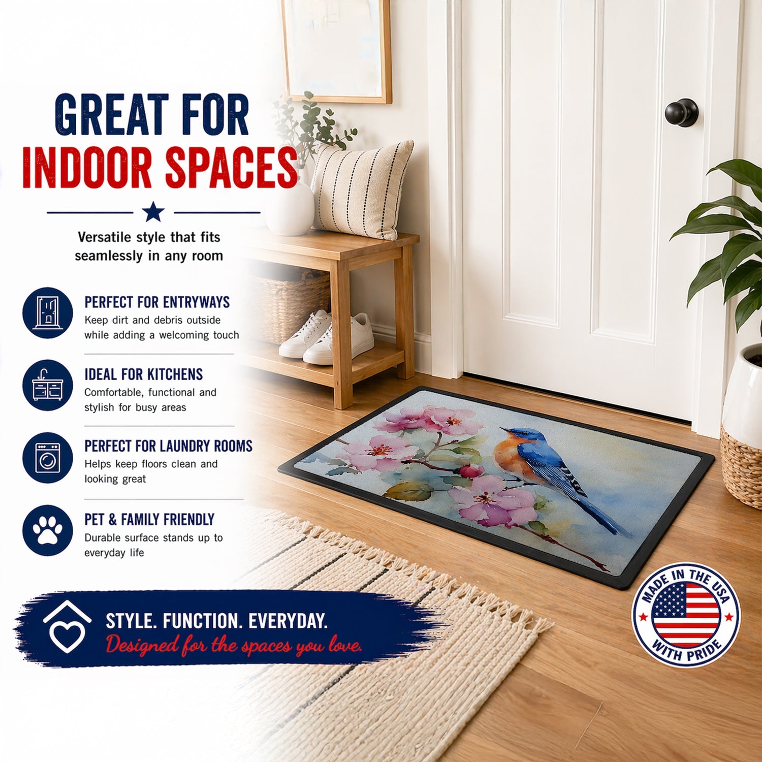 Bluebird on Blossom Branch Doormat Indoor Outdoor 24H X 36W Front Door Mat Rugs for Entryway, Non Slip Washable Low Pile,