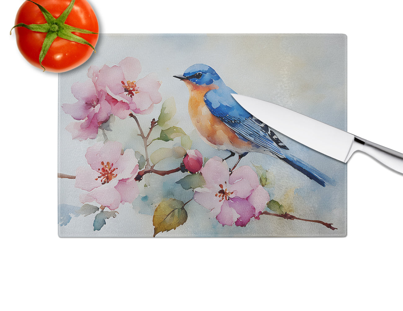 Bluebird on Blossom Branch Cutting Board Tempered Glass Kitchen Cutting Surface, Heat Resistant Chopping, Non-Slip Feet, Food Prep & Serving