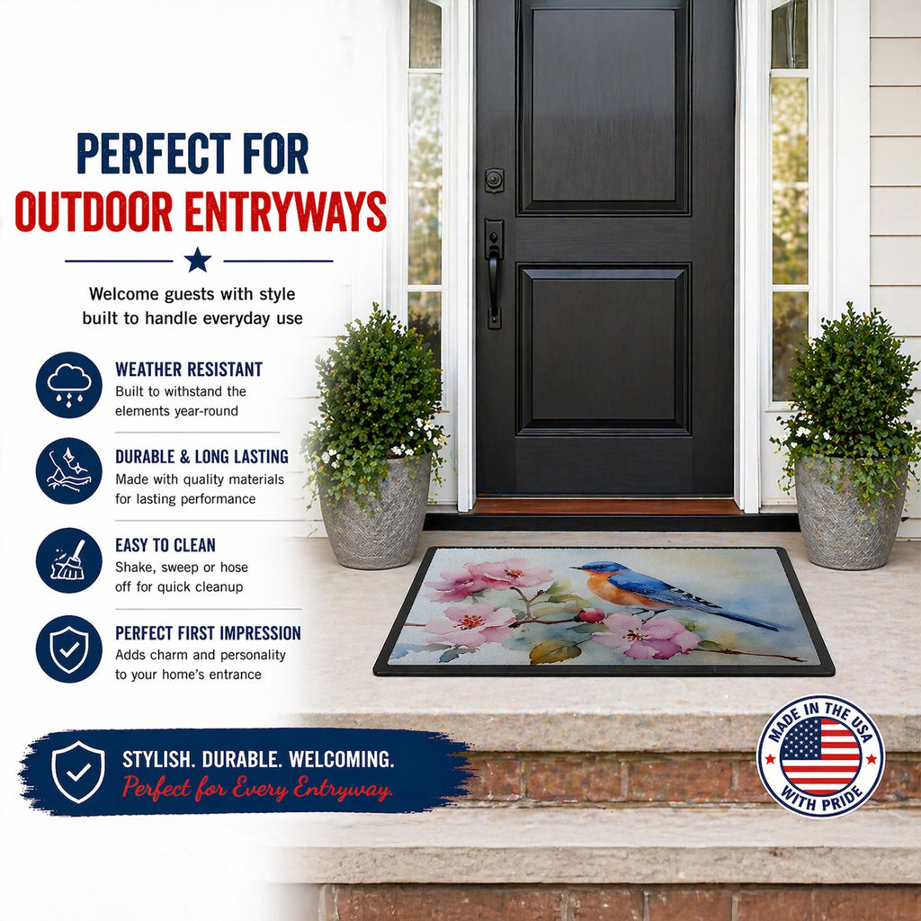Bluebird on Blossom Branch Doormat Indoor Outdoor 18H X 27W Front Door Mat Rugs for Entryway, Non Slip Washable