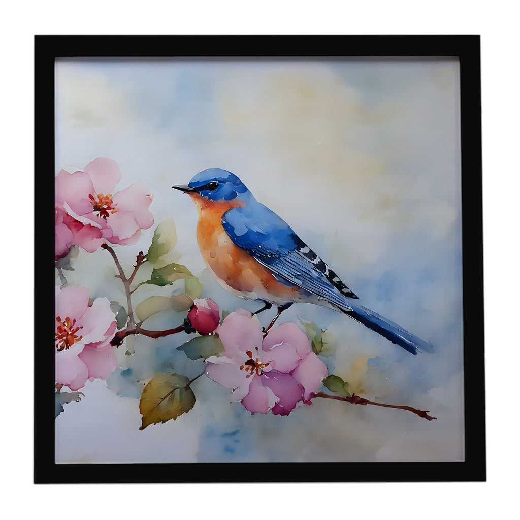 Bluebird on Blossom Branch Framed Metal Print Bathroom, Kitchen, Office, Home Decor Wall Art Ready to Hang, Square, 8X8