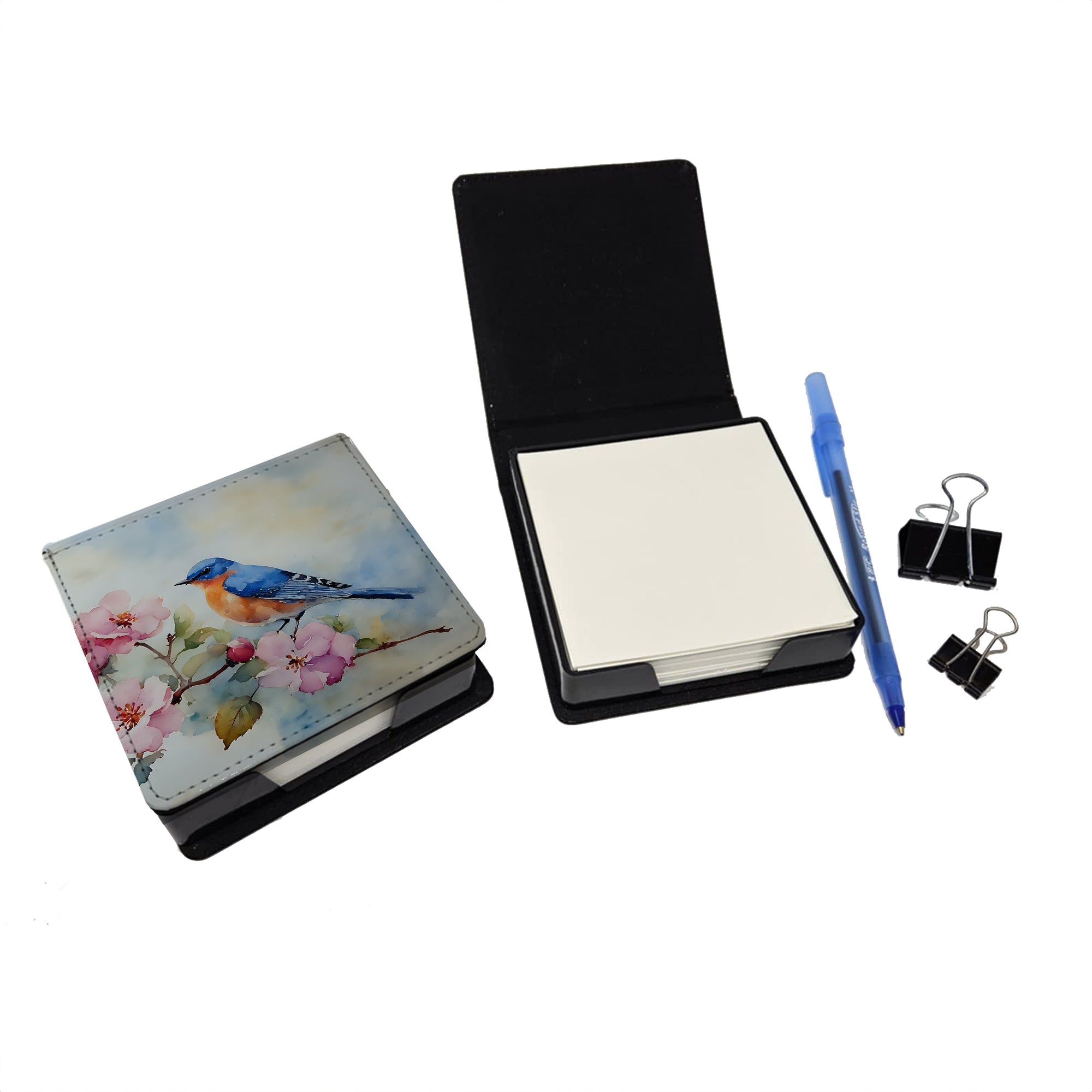 Bluebird on Blossom Branch PU Leather Note Paper Holder with Artist-Designed Cover, Desk Accessory, Office Gift