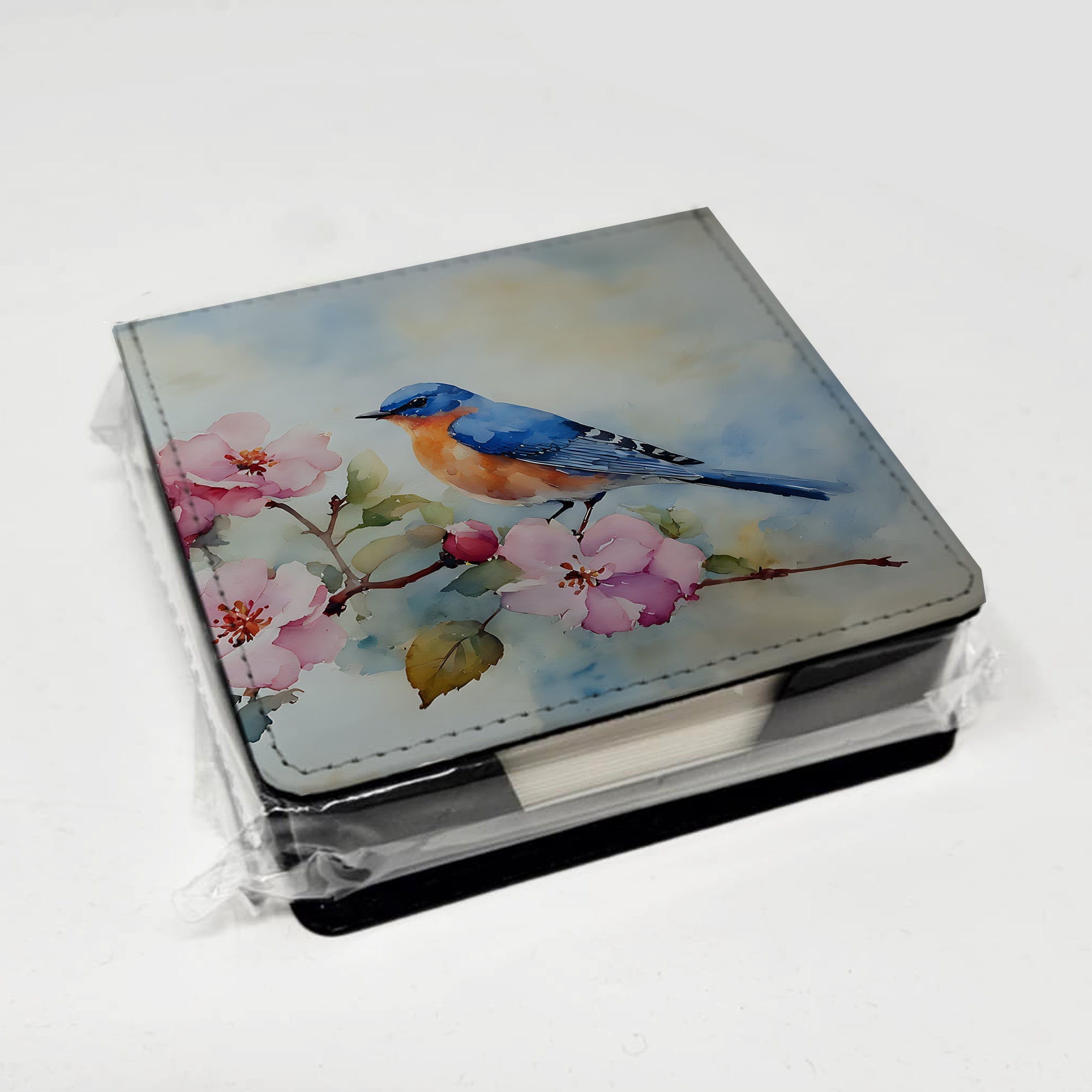 Bluebird on Blossom Branch PU Leather Note Paper Holder with Artist-Designed Cover, Desk Accessory, Office Gift