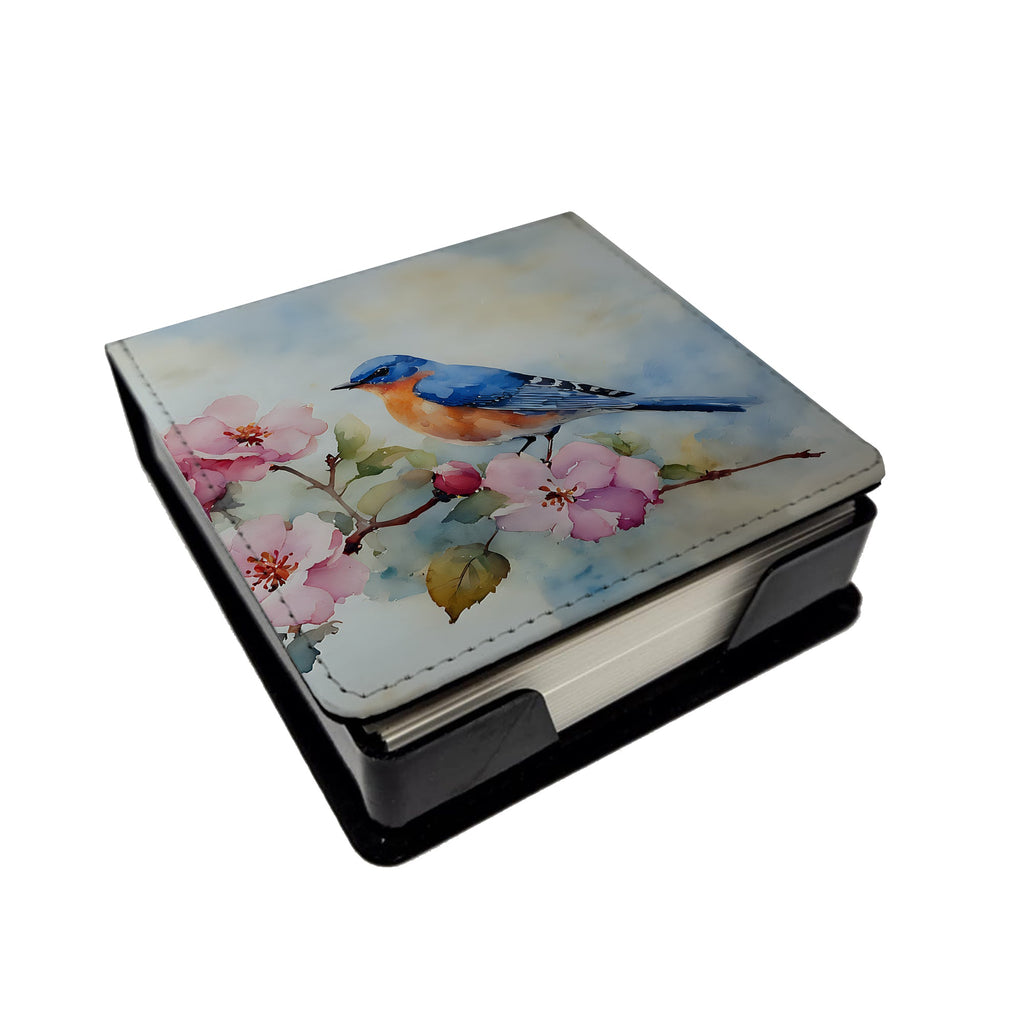 Bluebird on Blossom Branch PU Leather Note Paper Holder with Artist-Designed Cover, Desk Accessory, Office Gift