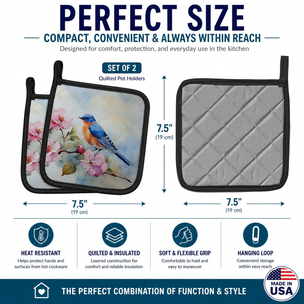 Bluebird on Blossom Branch Pot Holder Set of 2 Heat Resistant Quilted Hot Pads 7.5 x 7.5 Inch, Insulated Kitchen Trivets for Cooking & Baking