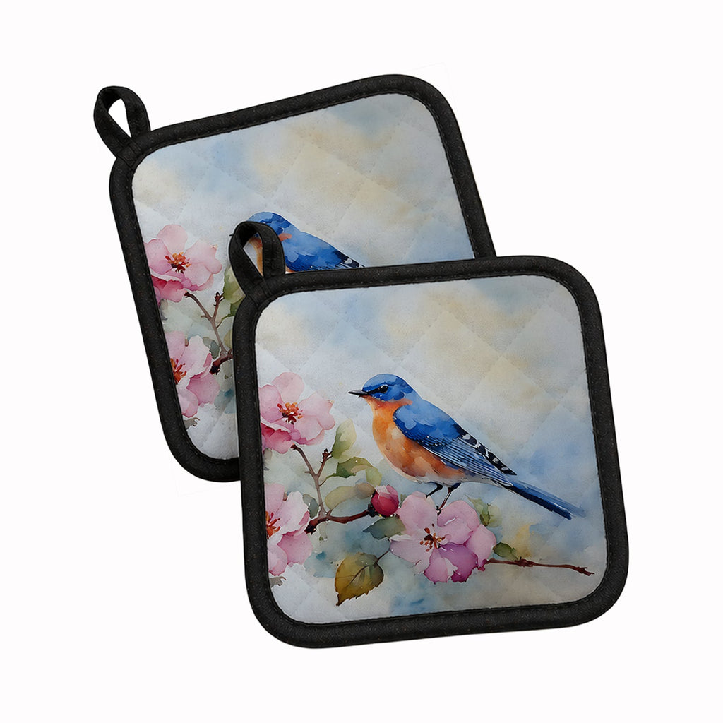 Bluebird on Blossom Branch Pot Holder Set of 2 Heat Resistant Quilted Hot Pads 7.5 x 7.5 Inch, Insulated Kitchen Trivets for Cooking & Baking