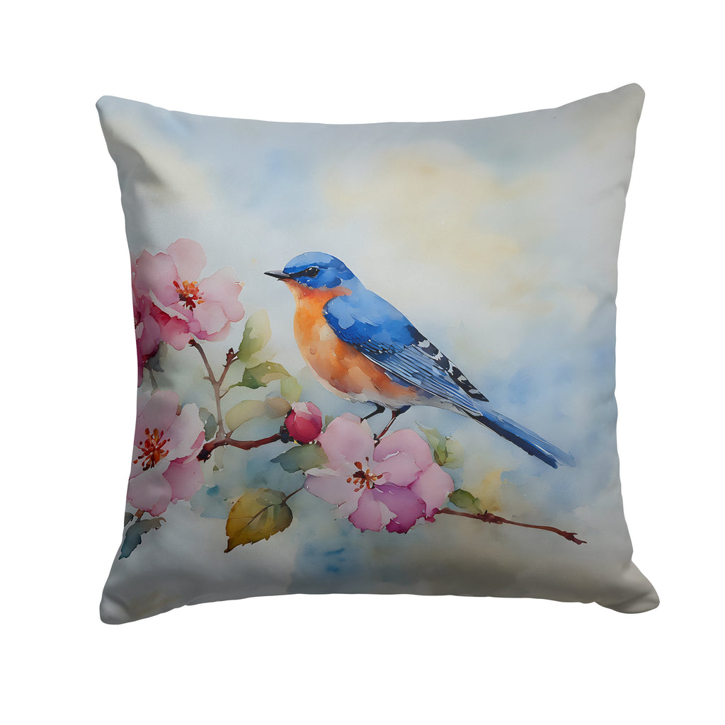 Bluebird on Blossom Branch Decorative Throw Pillow 14x14 Indoor Outdoor Accent Cushion, Fabric Cover with Insert for Sofa, Bed, Porch & Living Room