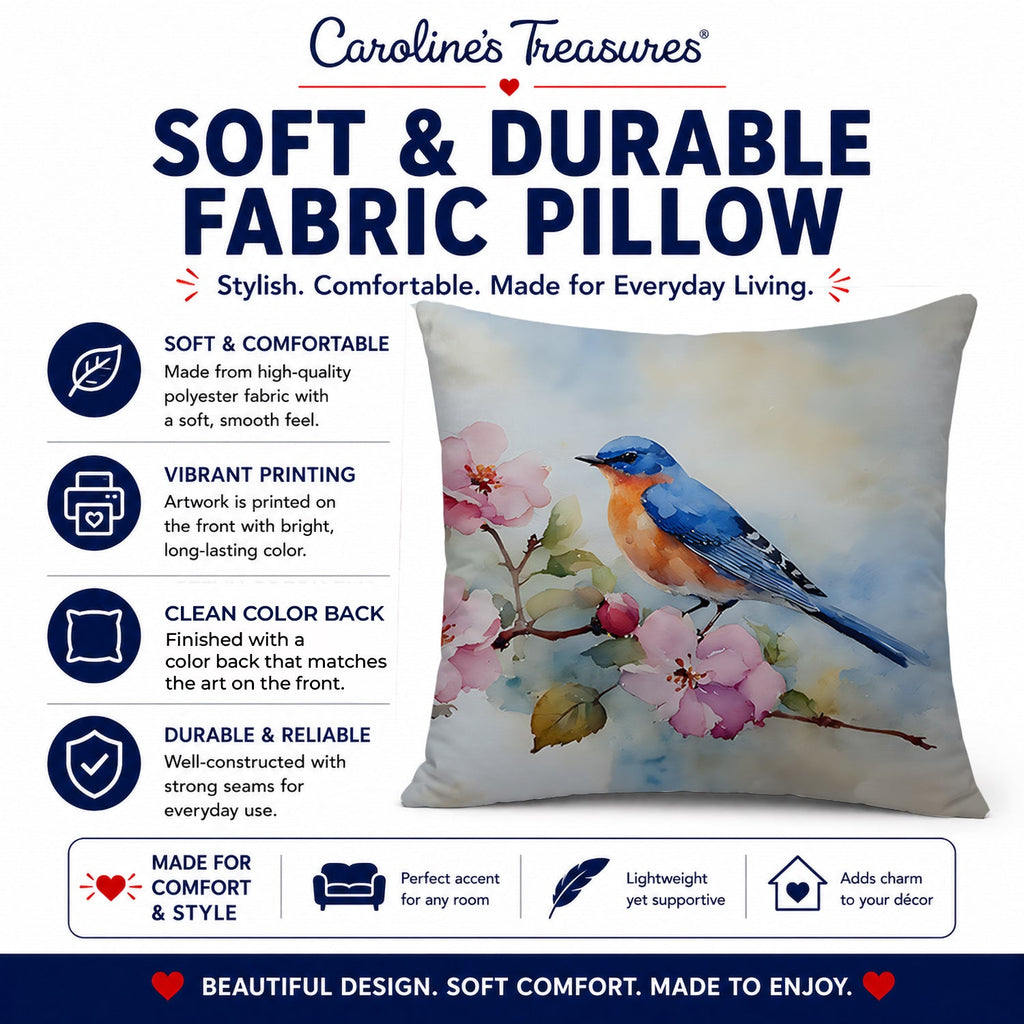 Bluebird on Blossom Branch Decorative Throw Pillow 18x18 Indoor Outdoor Accent Cushion, Fabric Cover with Insert for Sofa, Bed, Porch & Living Room