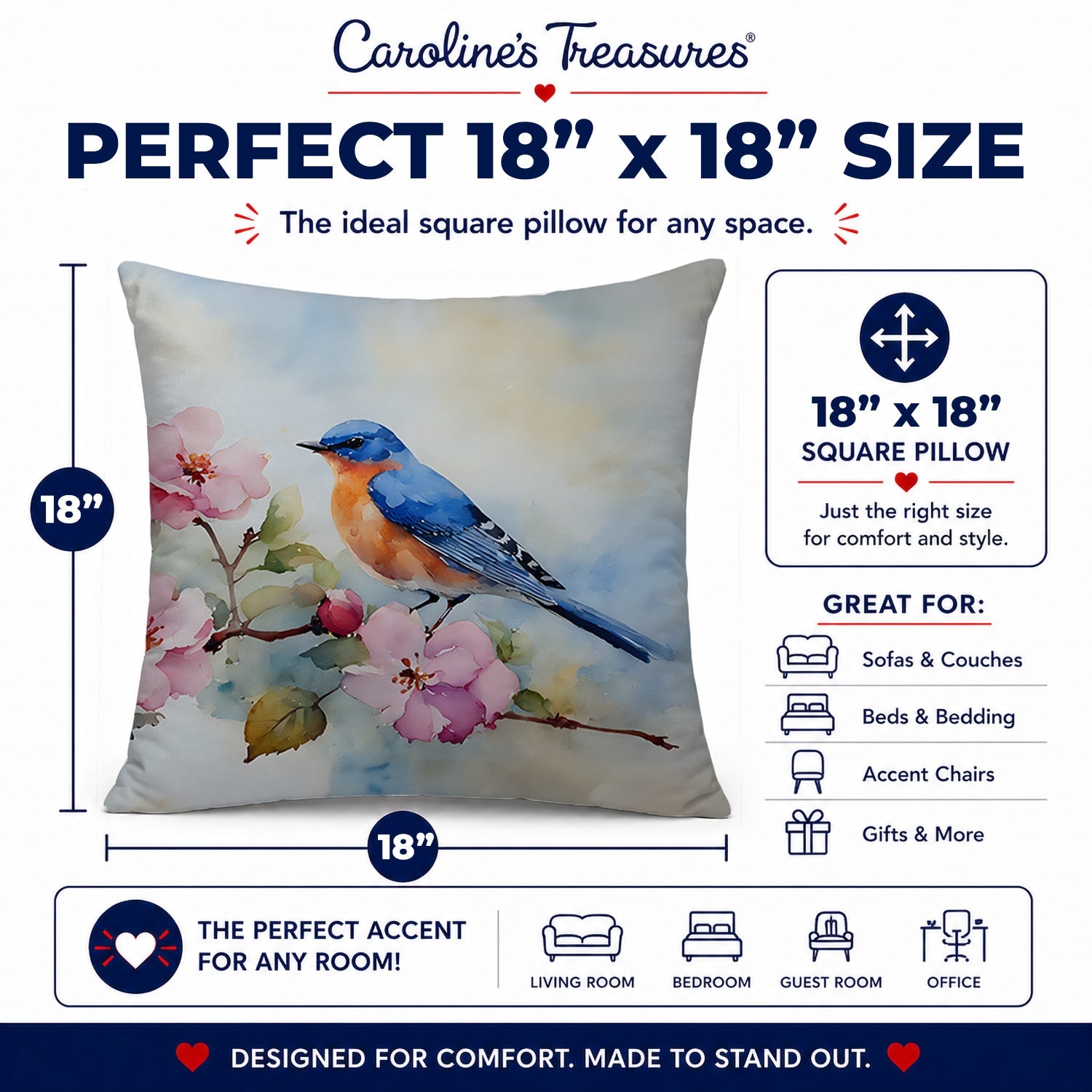 Bluebird on Blossom Branch Decorative Throw Pillow 18x18 Indoor Outdoor Accent Cushion, Fabric Cover with Insert for Sofa, Bed, Porch & Living Room