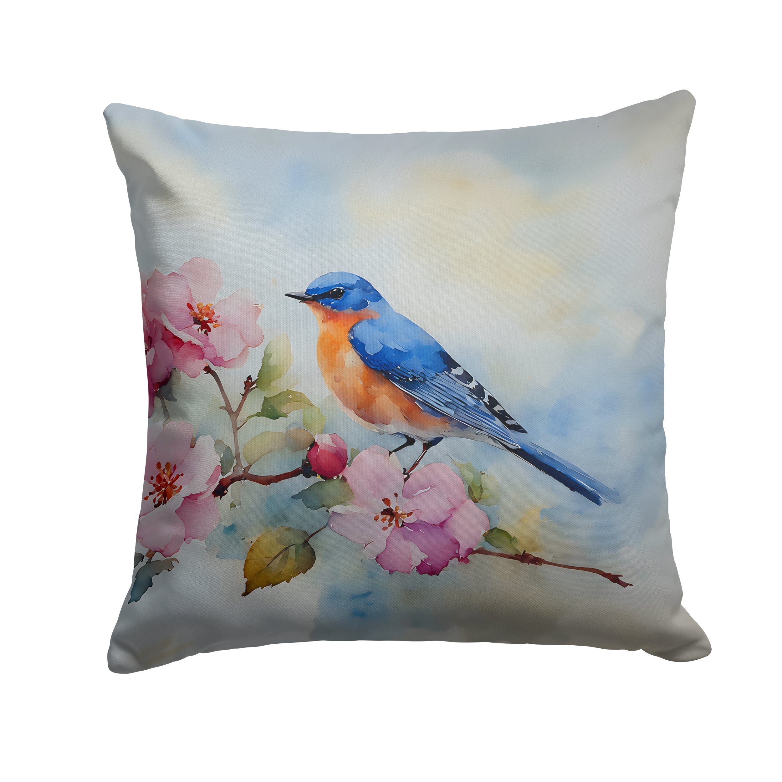 Bluebird on Blossom Branch Decorative Throw Pillow 18x18 Indoor Outdoor Accent Cushion, Fabric Cover with Insert for Sofa, Bed, Porch & Living Room