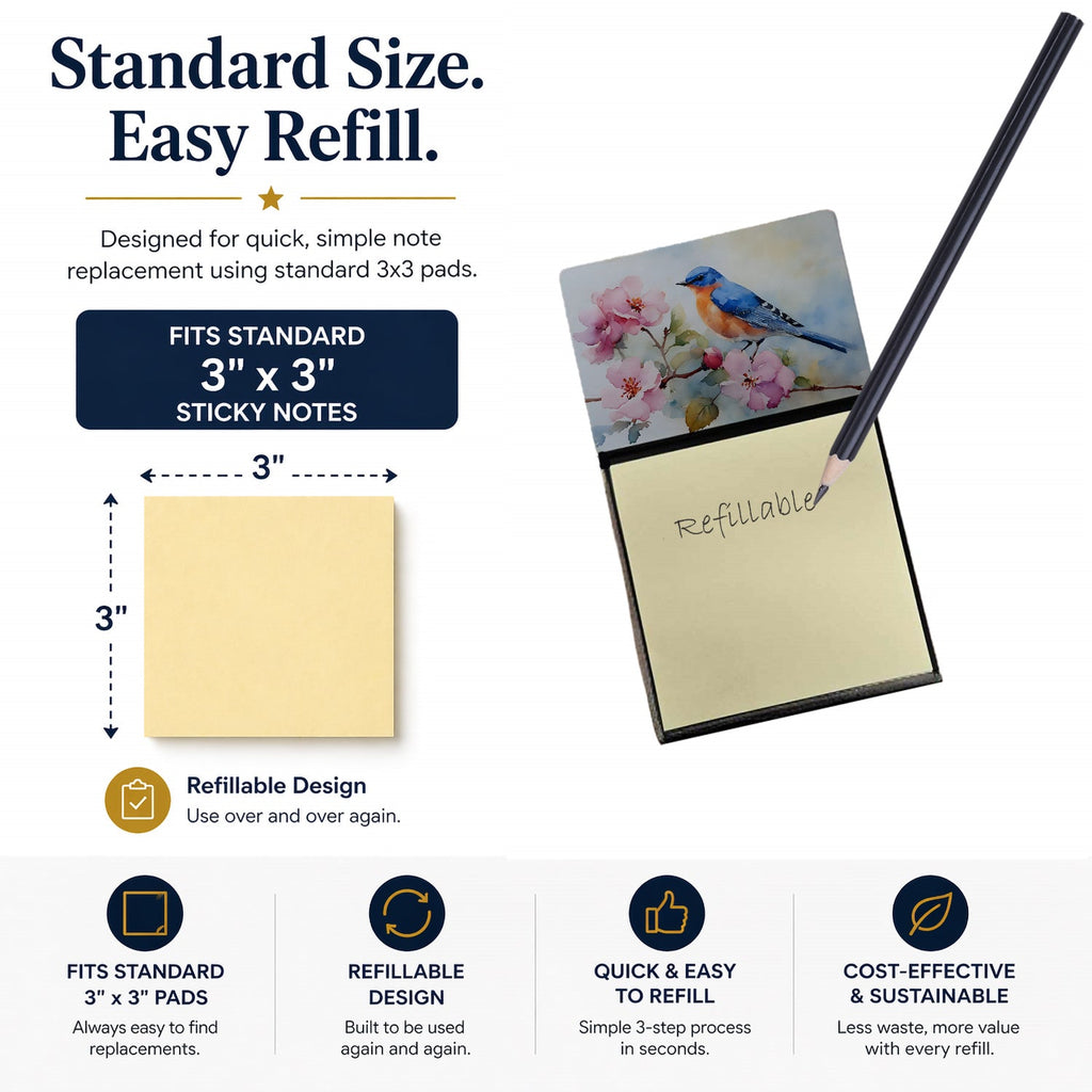 Bluebird on Blossom Branch Watercolor Sticky Note Holder Refillable Dispenser Desk Accessory 3x3 Pad Gift