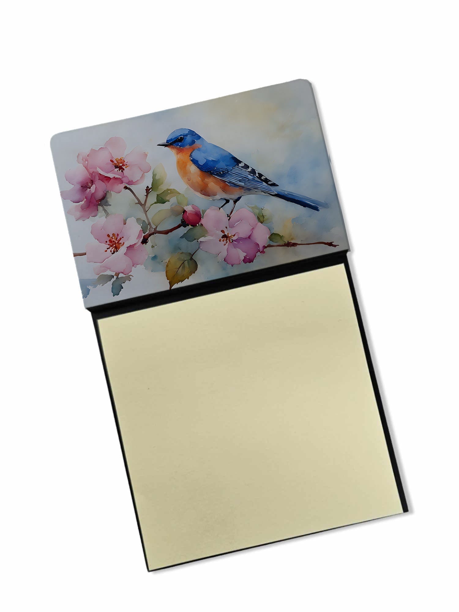 Bluebird on Blossom Branch Watercolor Sticky Note Holder Refillable Dispenser Desk Accessory 3x3 Pad Gift