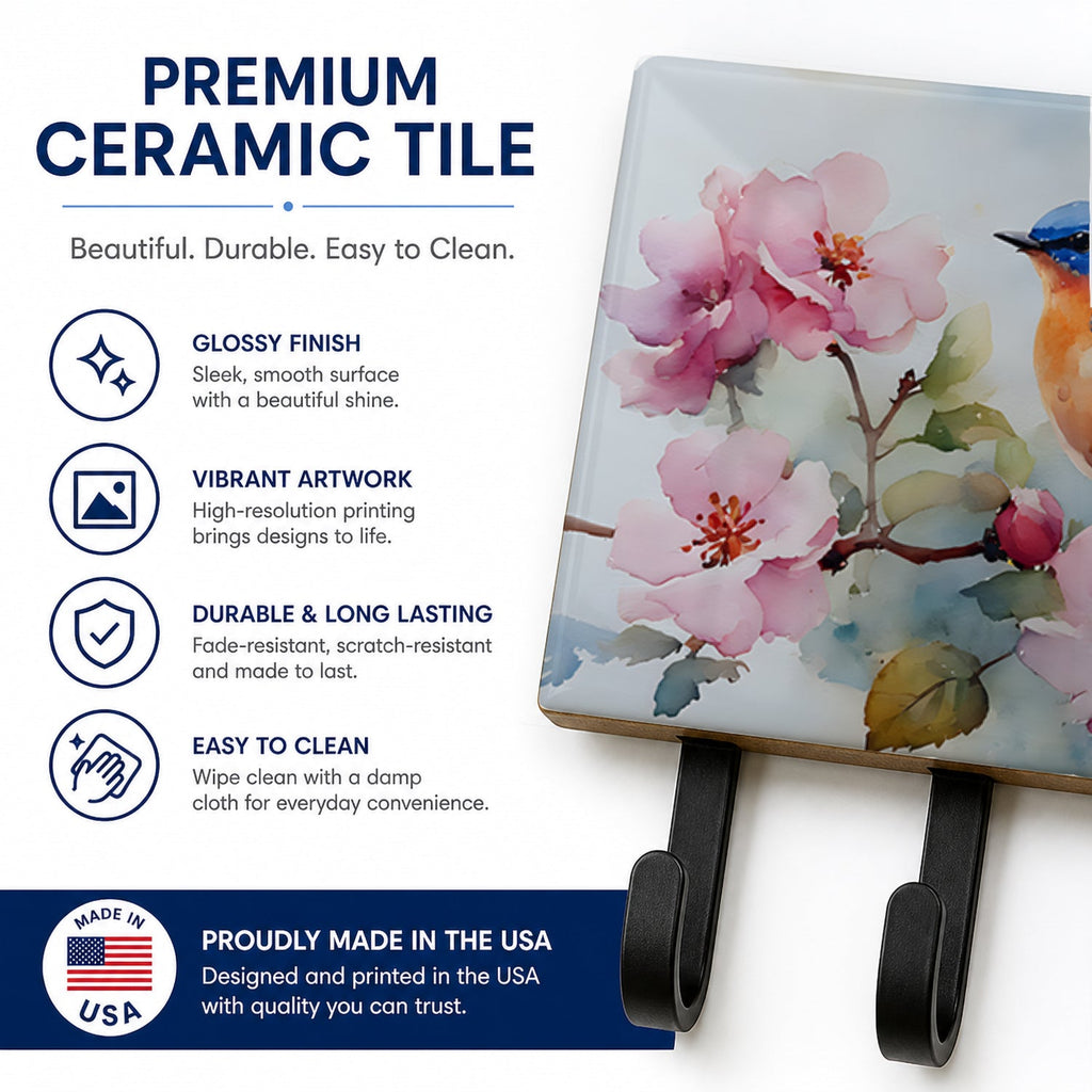 Bluebird on Blossom Branch Leash or Key Holder Wall Hooks, Coat Rack Wall Mount, for Hanging Keys, Towels, Aprons, Leashes