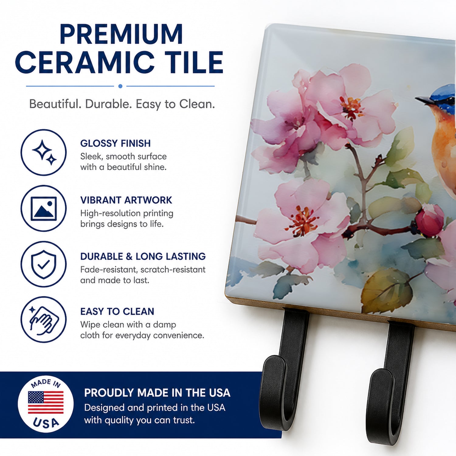 Bluebird on Blossom Branch Leash or Key Holder Wall Hooks, Coat Rack Wall Mount, for Hanging Keys, Towels, Aprons, Leashes