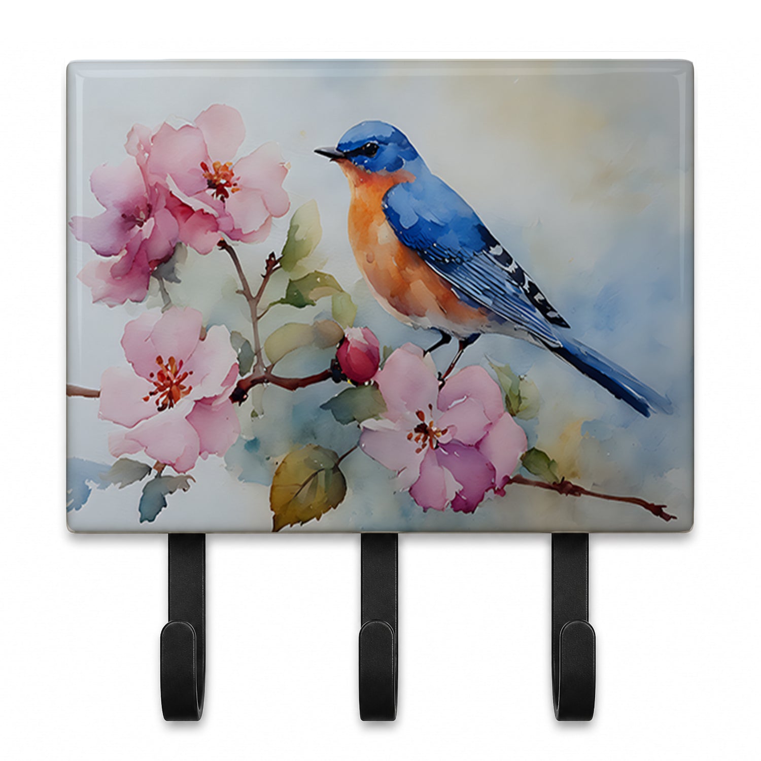 Bluebird on Blossom Branch Leash or Key Holder Wall Hooks, Coat Rack Wall Mount, for Hanging Keys, Towels, Aprons, Leashes