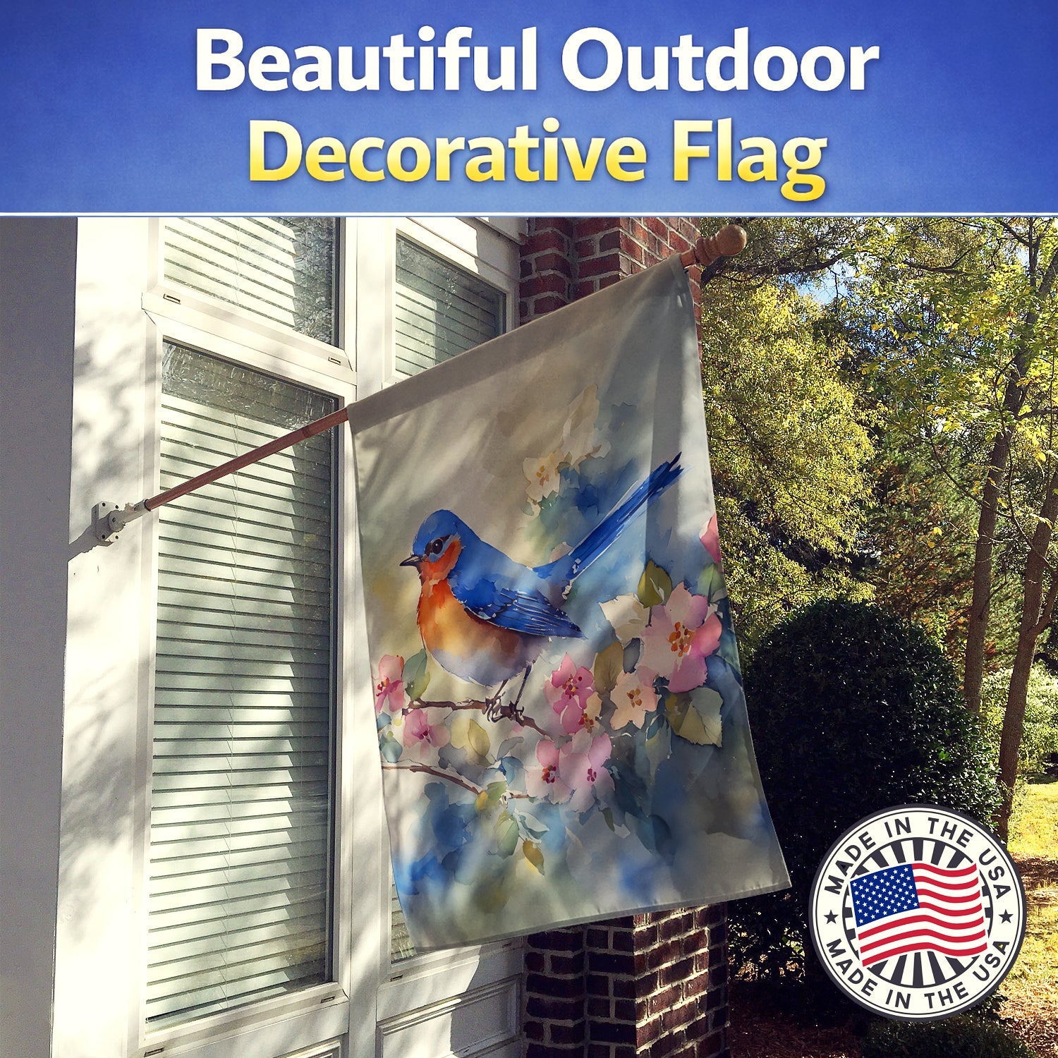 Eastern Bluebird on Blossom Branch House Flag 28x40 Porch Sleeve Pole Decorative Outside Yard Banner Artwork Wall Hanging, Polyester