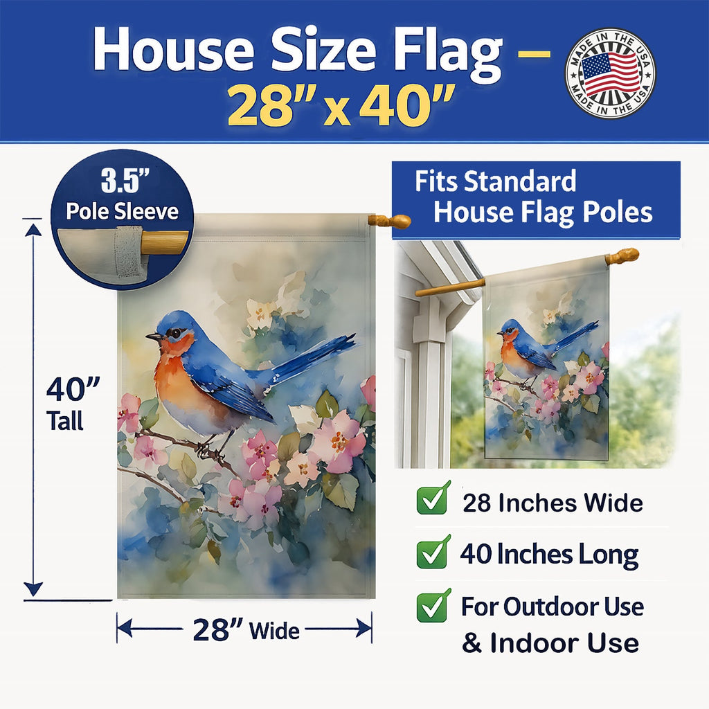 Eastern Bluebird on Blossom Branch House Flag 28x40 Porch Sleeve Pole Decorative Outside Yard Banner Artwork Wall Hanging, Polyester