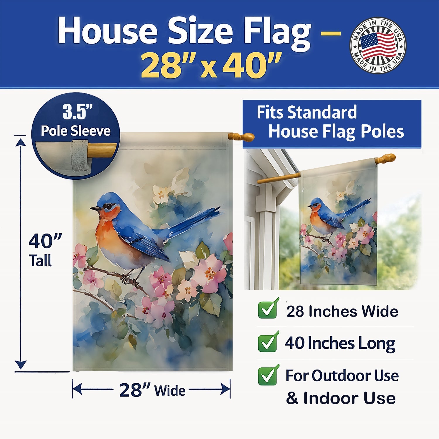 Eastern Bluebird on Blossom Branch House Flag 28x40 Porch Sleeve Pole Decorative Outside Yard Banner Artwork Wall Hanging, Polyester