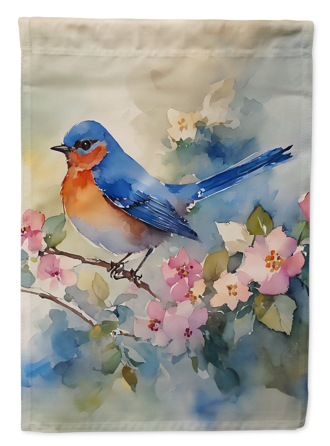 Eastern Bluebird on Blossom Branch House Flag 28x40 Porch Sleeve Pole Decorative Outside Yard Banner Artwork Wall Hanging, Polyester