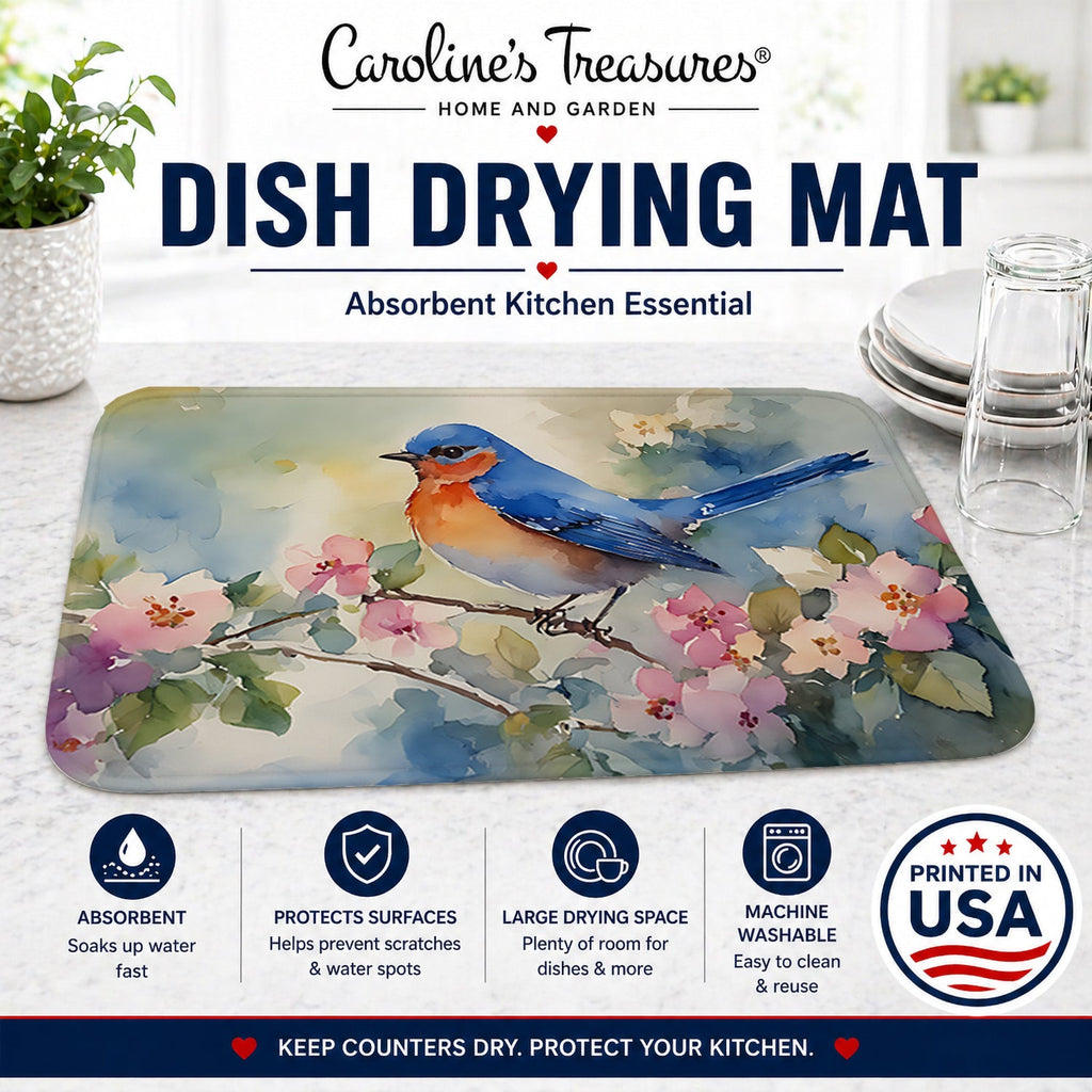 Eastern Bluebird on Blossom Branch Dish Drying Mat Absorbent Dish Drying Mat Pad for Kitchen Counter Dish Drainer Mat for Countertop, 14 x 21", Multicolor