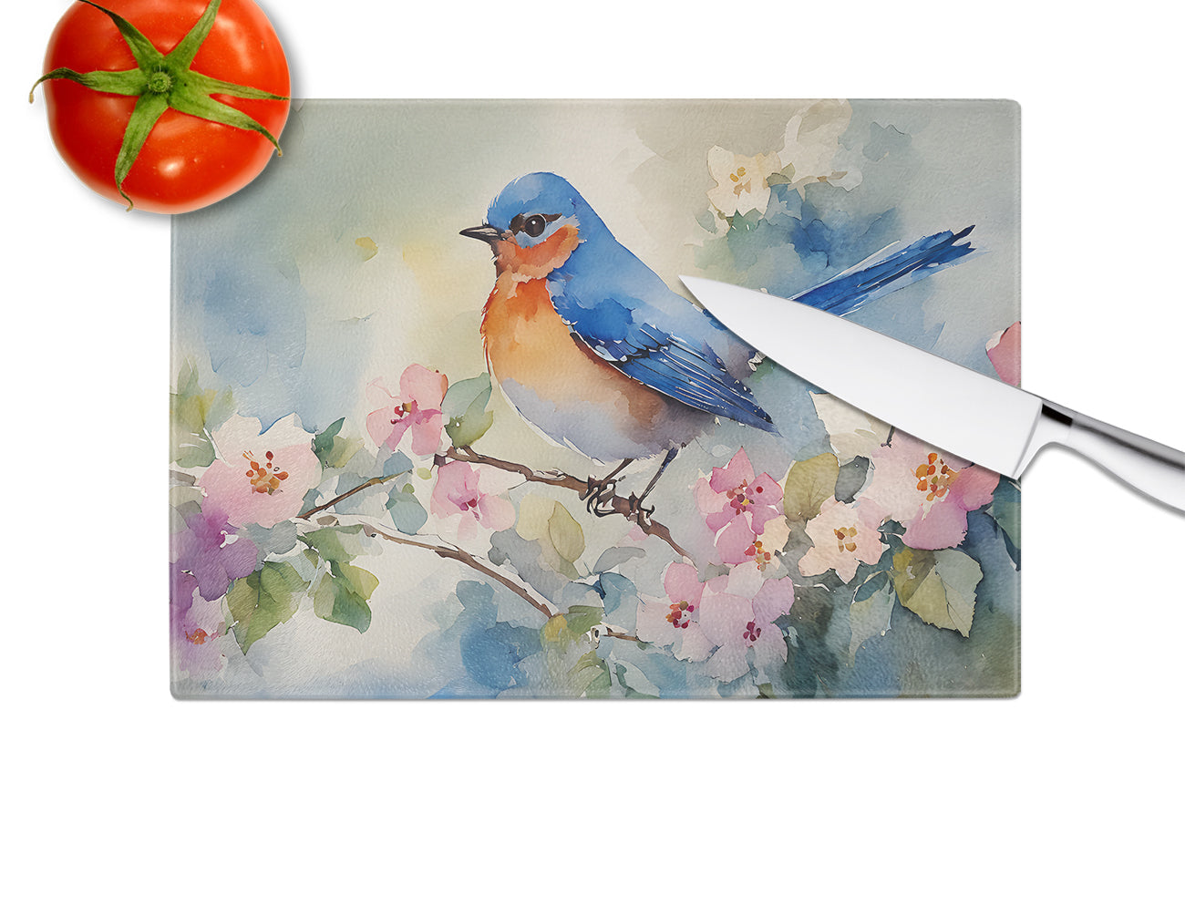 Eastern Bluebird on Blossom Branch Cutting Board Tempered Glass Kitchen Cutting Surface, Heat Resistant Chopping, Non-Slip Feet, Food Prep & Serving