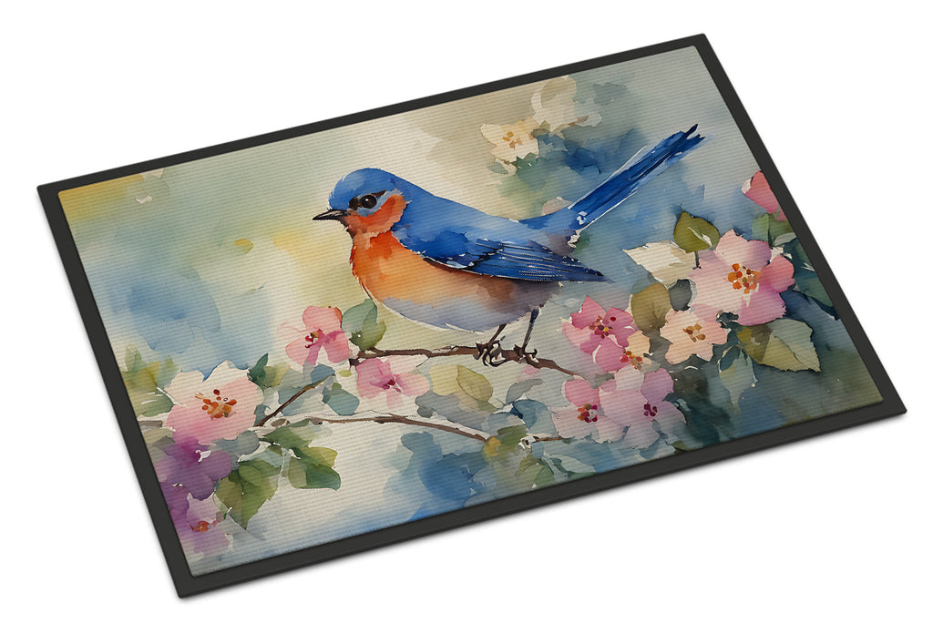 Eastern Bluebird on Blossom Branch Doormat Indoor Outdoor 18H X 27W Front Door Mat Rugs for Entryway, Non Slip Washable