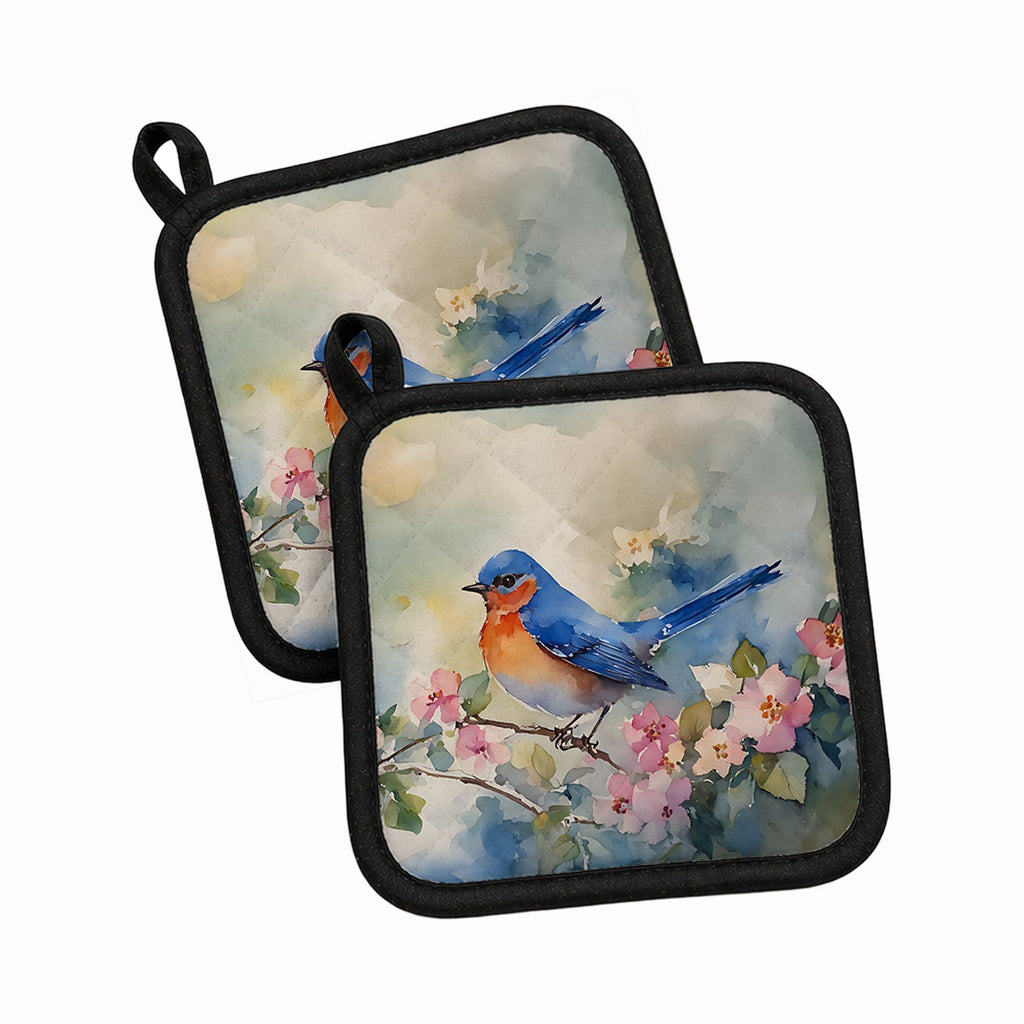 Eastern Bluebird on Blossom Branch Pot Holder Set of 2 Heat Resistant Quilted Hot Pads 7.5 x 7.5 Inch, Insulated Kitchen Trivets for Cooking & Baking