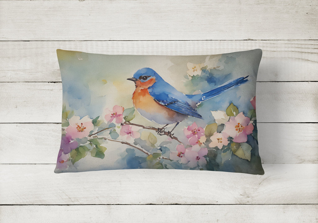 Eastern Bluebird on Blossom Branch Decorative Throw Pillow 12x16 Indoor Outdoor Accent Cushion, Fabric Cover with Insert for Sofa, Bed, Porch & Living Room
