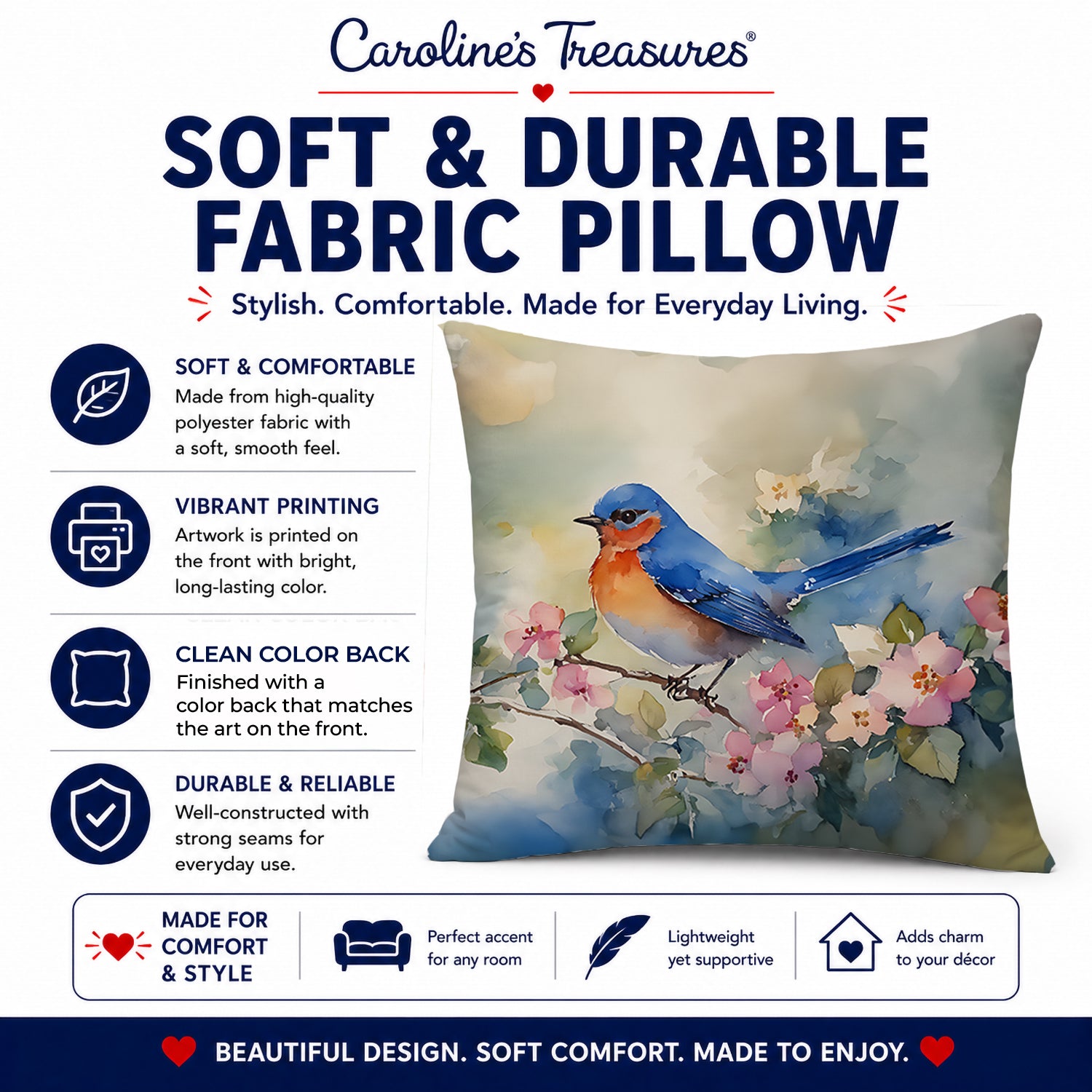 Eastern Bluebird on Blossom Branch Decorative Throw Pillow 14x14 Indoor Outdoor Accent Cushion, Fabric Cover with Insert for Sofa, Bed, Porch & Living Room