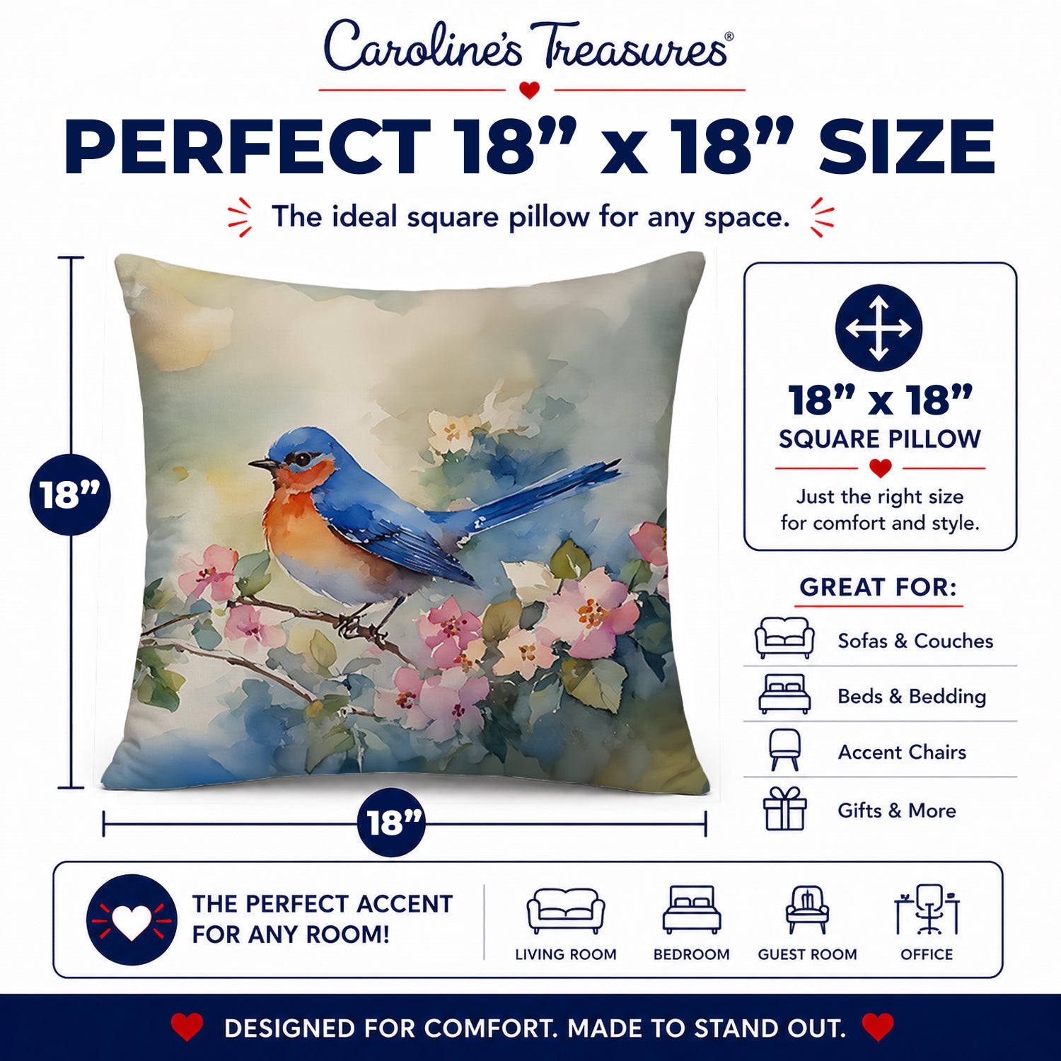 Eastern Bluebird on Blossom Branch Decorative Throw Pillow 18x18 Indoor Outdoor Accent Cushion, Fabric Cover with Insert for Sofa, Bed, Porch & Living Room