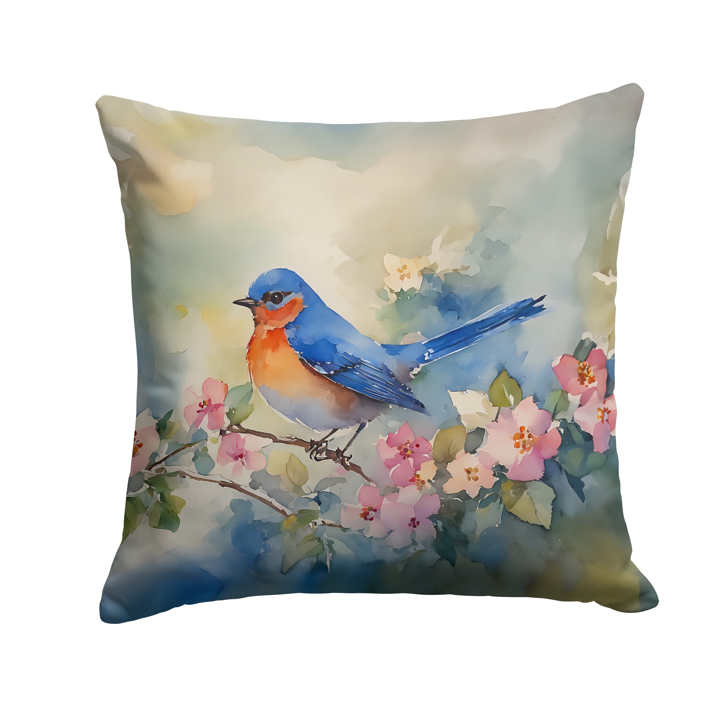 Eastern Bluebird on Blossom Branch Decorative Throw Pillow 18x18 Indoor Outdoor Accent Cushion, Fabric Cover with Insert for Sofa, Bed, Porch & Living Room