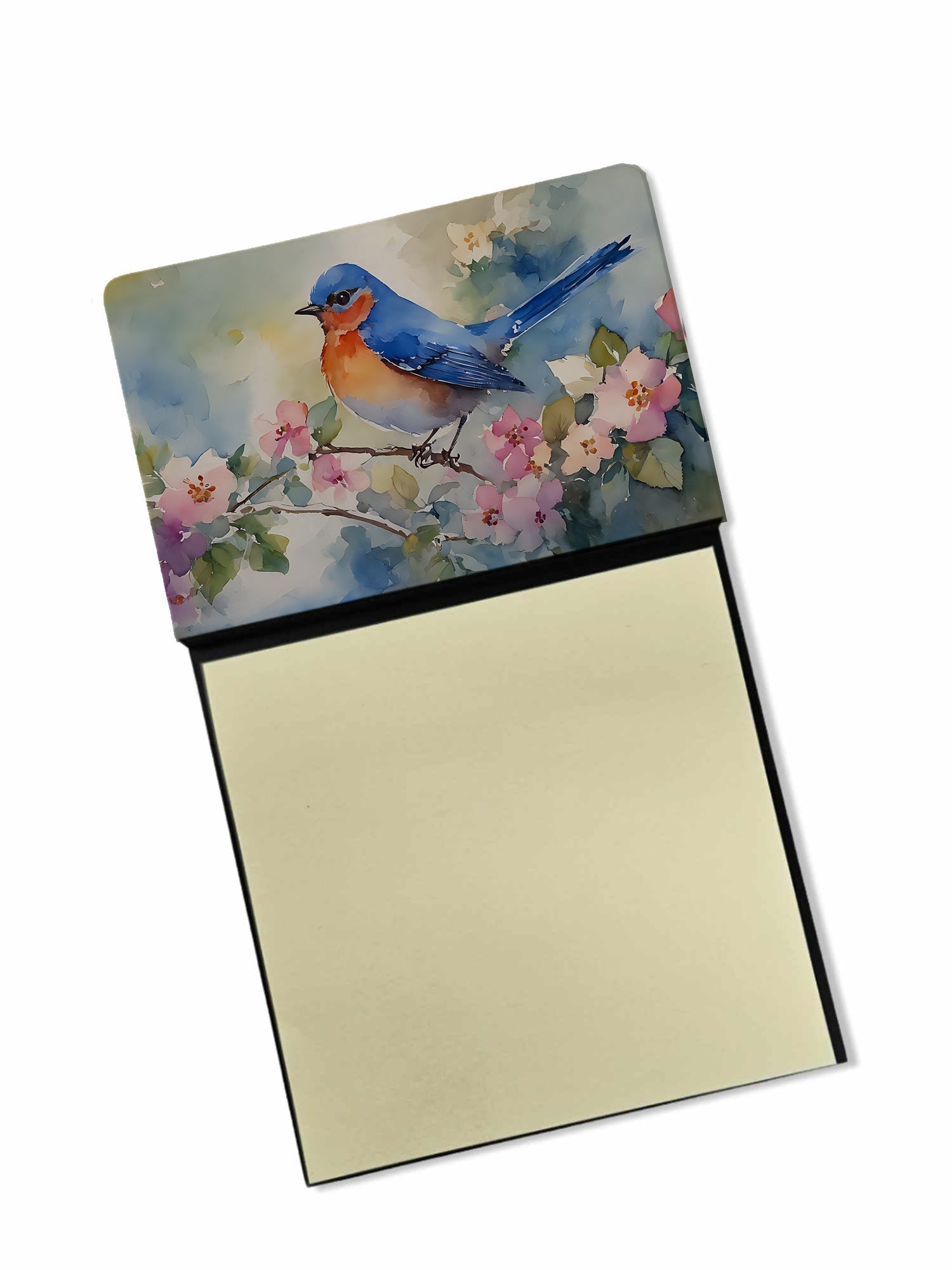Eastern Bluebird on Blossom Branch Watercolor Sticky Note Holder Refillable Dispenser Desk Accessory 3x3 Pad Gift