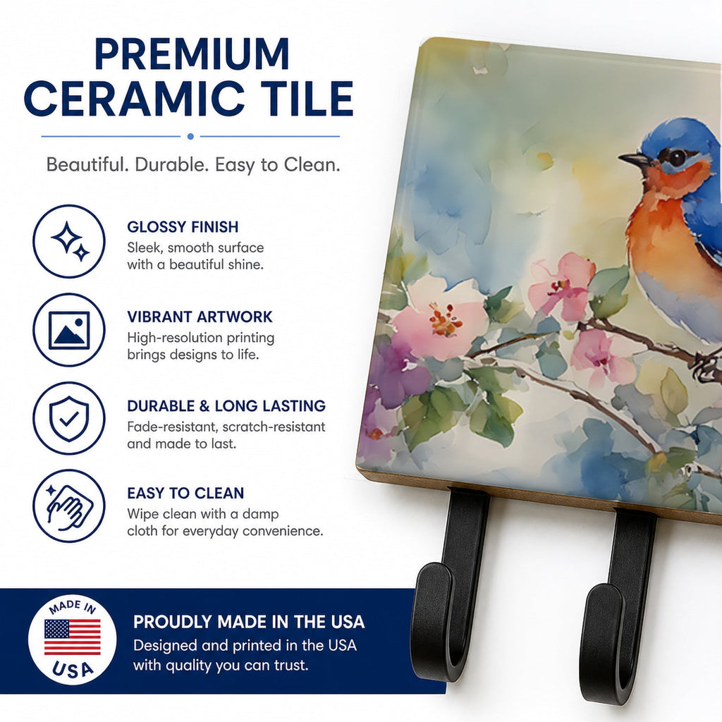 Eastern Bluebird on Blossom Branch Leash or Key Holder Wall Hooks, Coat Rack Wall Mount, for Hanging Keys, Towels, Aprons, Leashes