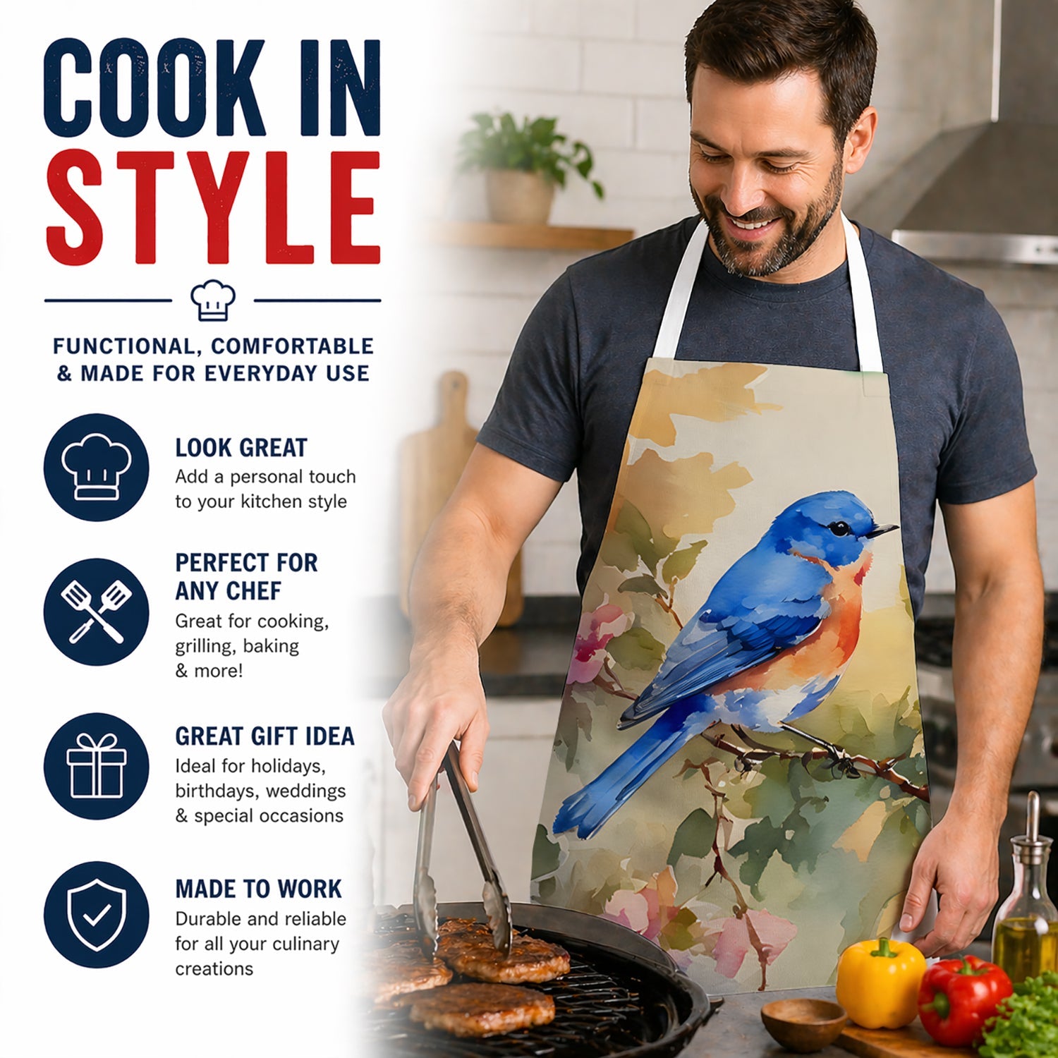 Eastern Bluebird with Blossoms Spring Apron Cooking Kitchen Server Baking Crafts Gardening for Adult Women Men, Unisex, Large, Multicolor
