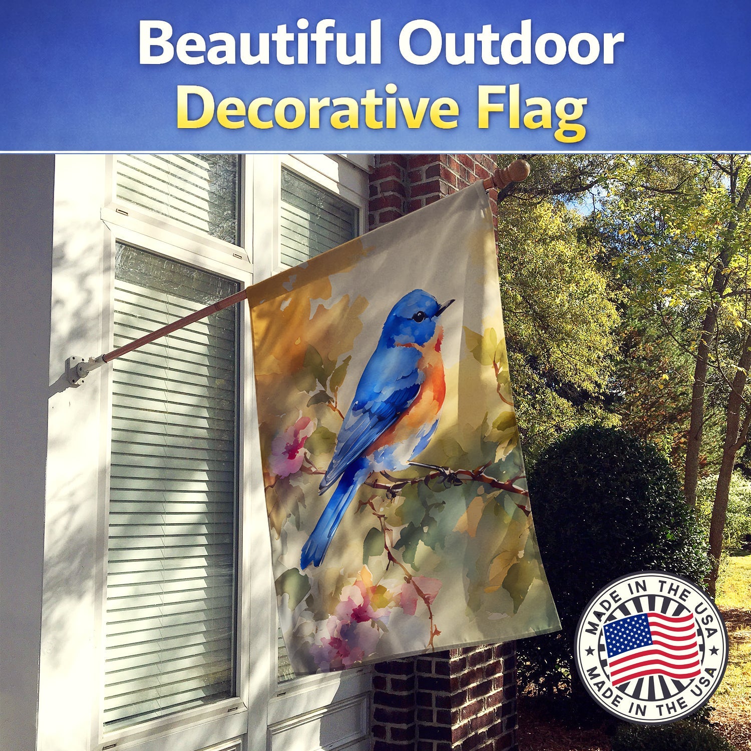 Eastern Bluebird with Blossoms Spring House Flag 28x40 Porch Sleeve Pole Decorative Outside Yard Banner Artwork Wall Hanging, Polyester