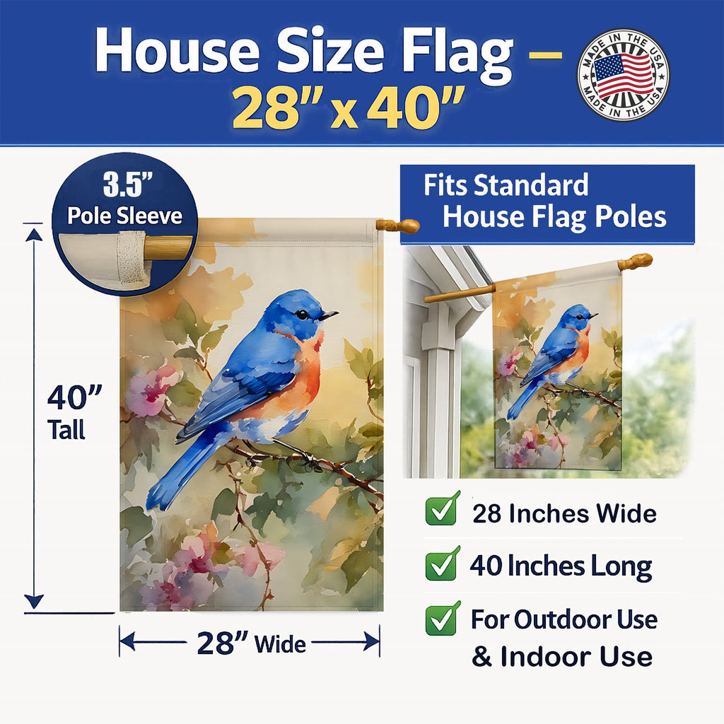 Eastern Bluebird with Blossoms Spring House Flag 28x40 Porch Sleeve Pole Decorative Outside Yard Banner Artwork Wall Hanging, Polyester