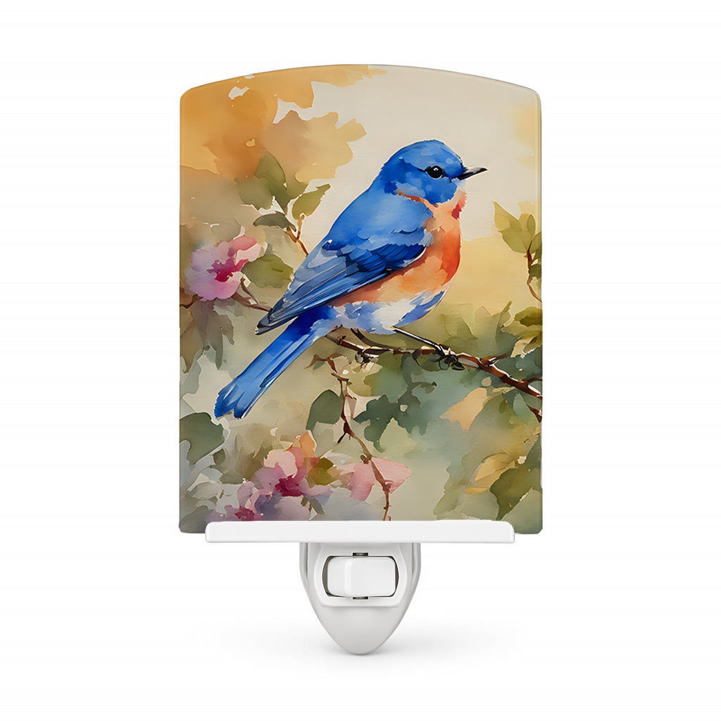 Eastern Bluebird with Blossoms Spring Ceramic Night Light Compact, UL-Certified, Ideal for Bedroom, Bathroom, Nursery, Hallway, Kitchen, 6x4x3, Multicolor
