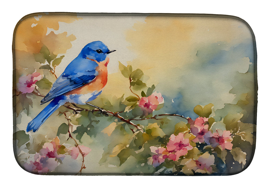Eastern Bluebird with Blossoms Spring Dish Drying Mat Absorbent Dish Drying Mat Pad for Kitchen Counter Dish Drainer Mat for Countertop, 14 x 21", Multicolor