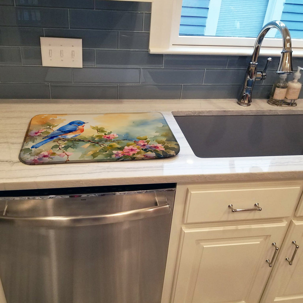 Eastern Bluebird with Blossoms Spring Dish Drying Mat Absorbent Dish Drying Mat Pad for Kitchen Counter Dish Drainer Mat for Countertop, 14 x 21", Multicolor