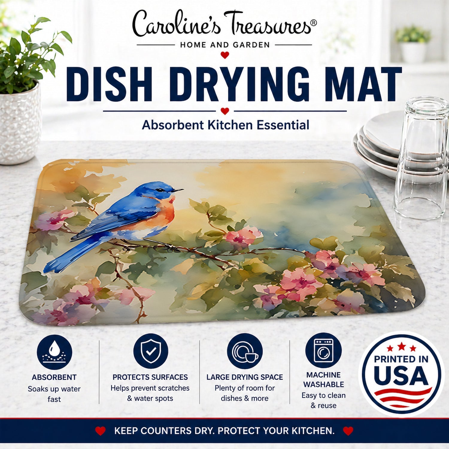 Eastern Bluebird with Blossoms Spring Dish Drying Mat Absorbent Dish Drying Mat Pad for Kitchen Counter Dish Drainer Mat for Countertop, 14 x 21", Multicolor