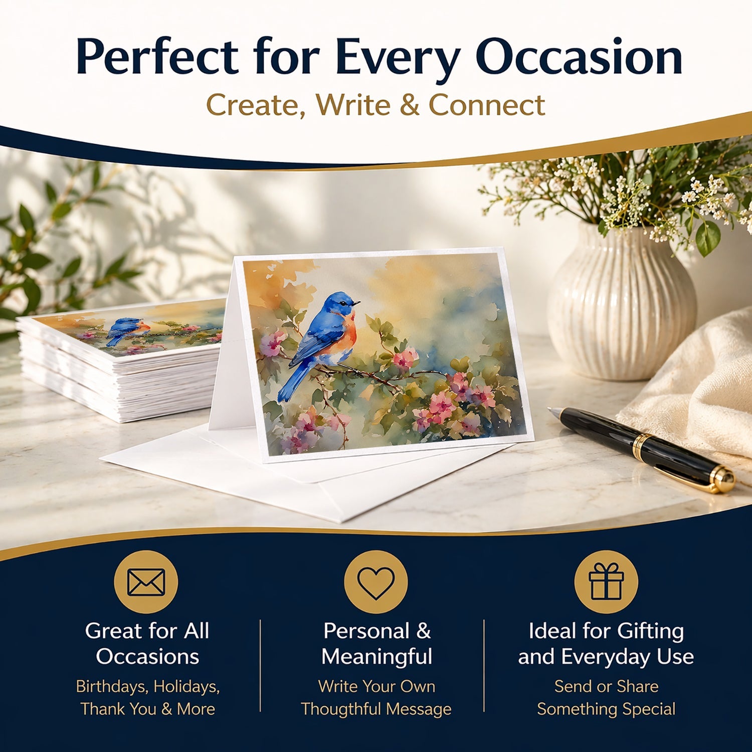 Eastern Bluebird with Blossoms Spring Greeting Cards Pack of 8 Blank Cards with Envelopes Whimsical A7 Size 5x7