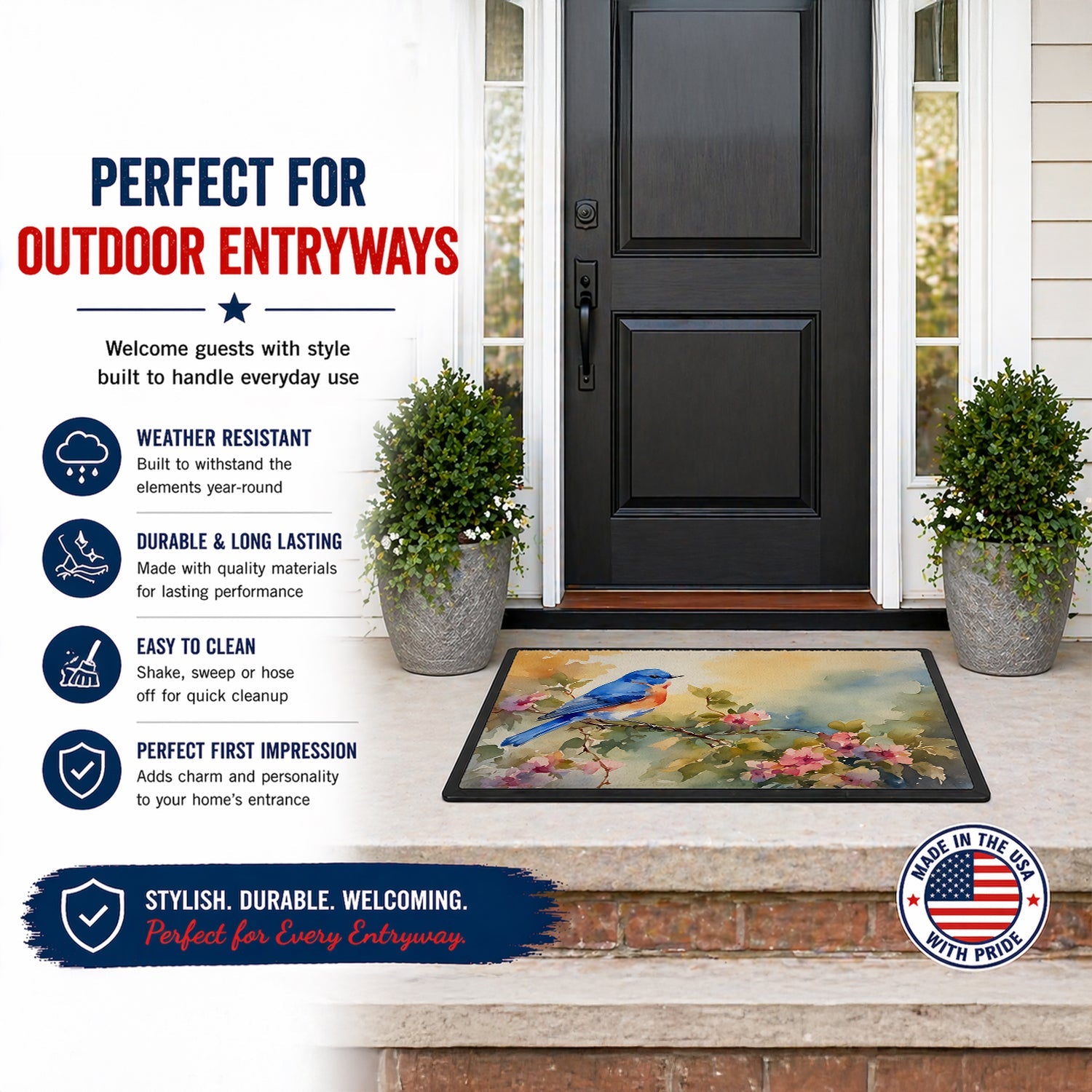 Eastern Bluebird with Blossoms Spring Doormat Indoor Outdoor 24H X 36W Front Door Mat Rugs for Entryway, Non Slip Washable Low Pile,