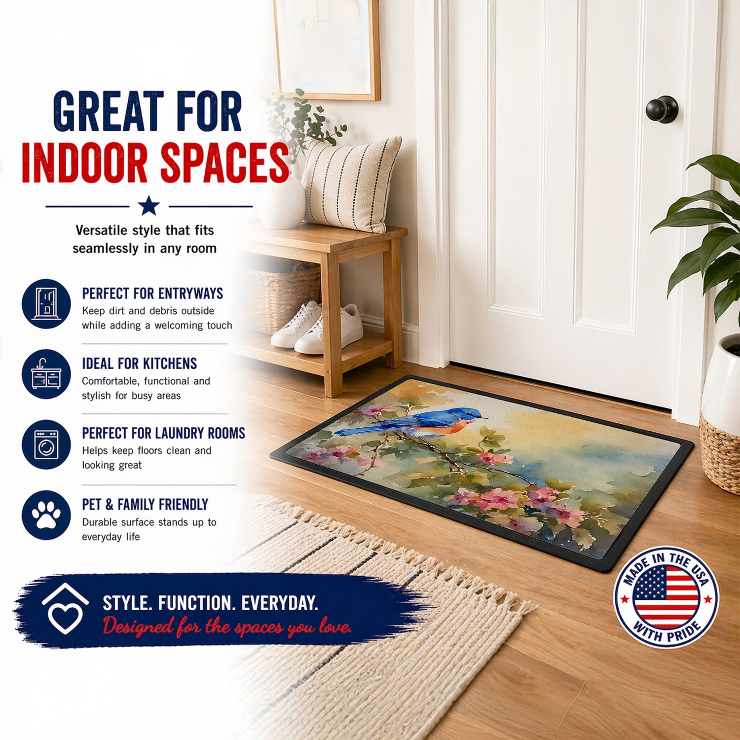 Eastern Bluebird with Blossoms Spring Doormat Indoor Outdoor 24H X 36W Front Door Mat Rugs for Entryway, Non Slip Washable Low Pile,
