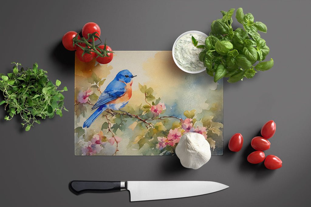 Eastern Bluebird with Blossoms Spring Cutting Board Tempered Glass Kitchen Cutting Surface, Heat Resistant Chopping, Non-Slip Feet, Food Prep & Serving