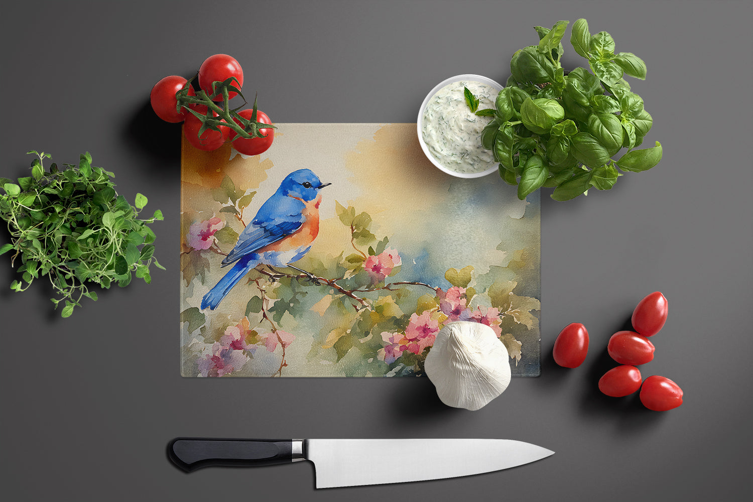 Eastern Bluebird with Blossoms Spring Cutting Board Tempered Glass Kitchen Cutting Surface, Heat Resistant Chopping, Non-Slip Feet, Food Prep & Serving
