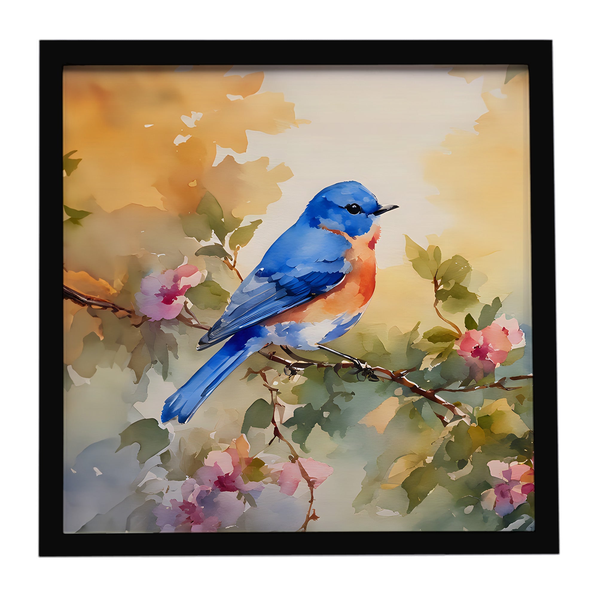 Eastern Bluebird with Blossoms Spring Framed Metal Print Bathroom, Kitchen, Office, Home Decor Wall Art Ready to Hang, Square, 8X8