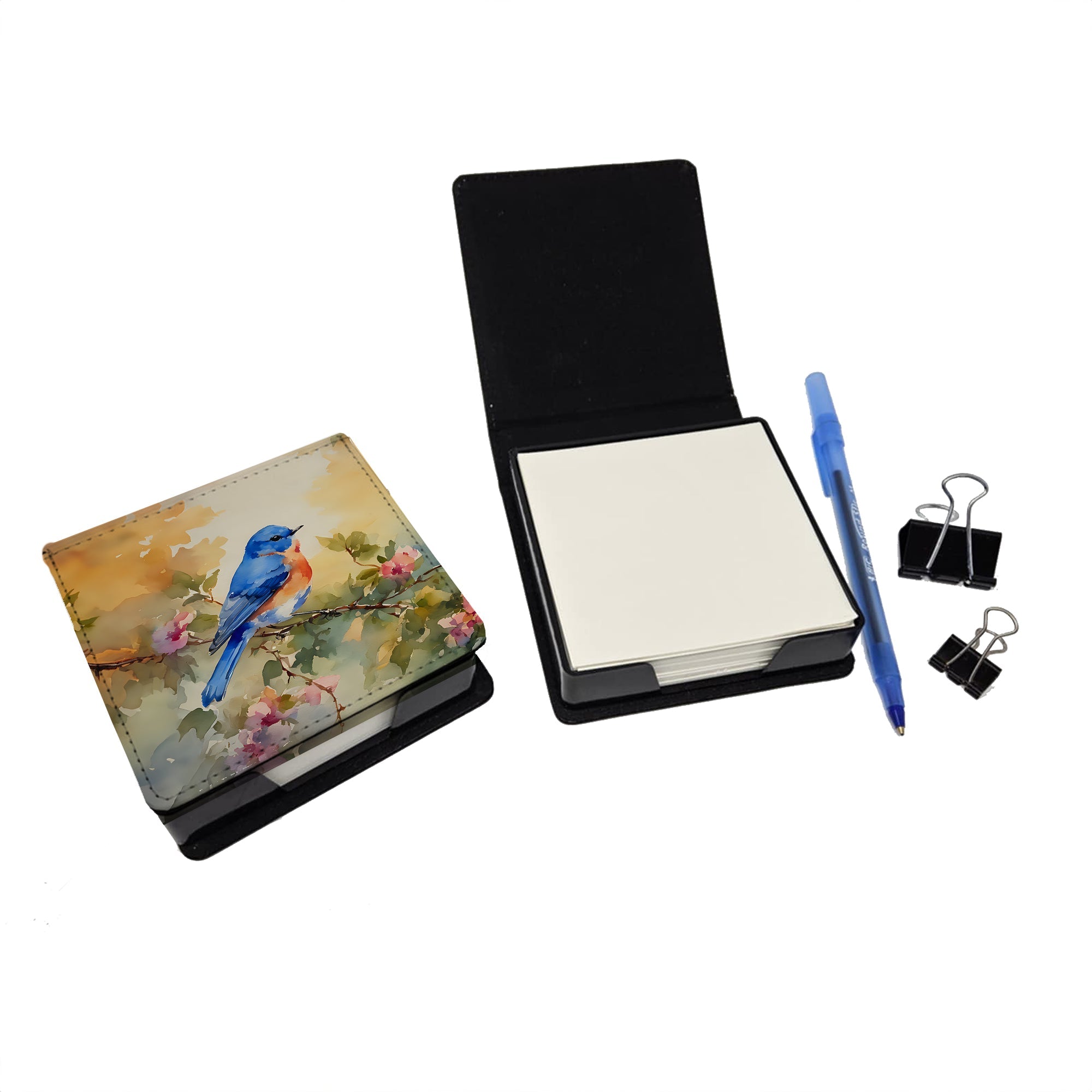 Eastern Bluebird with Blossoms Spring PU Leather Note Paper Holder with Artist-Designed Cover, Desk Accessory, Office Gift