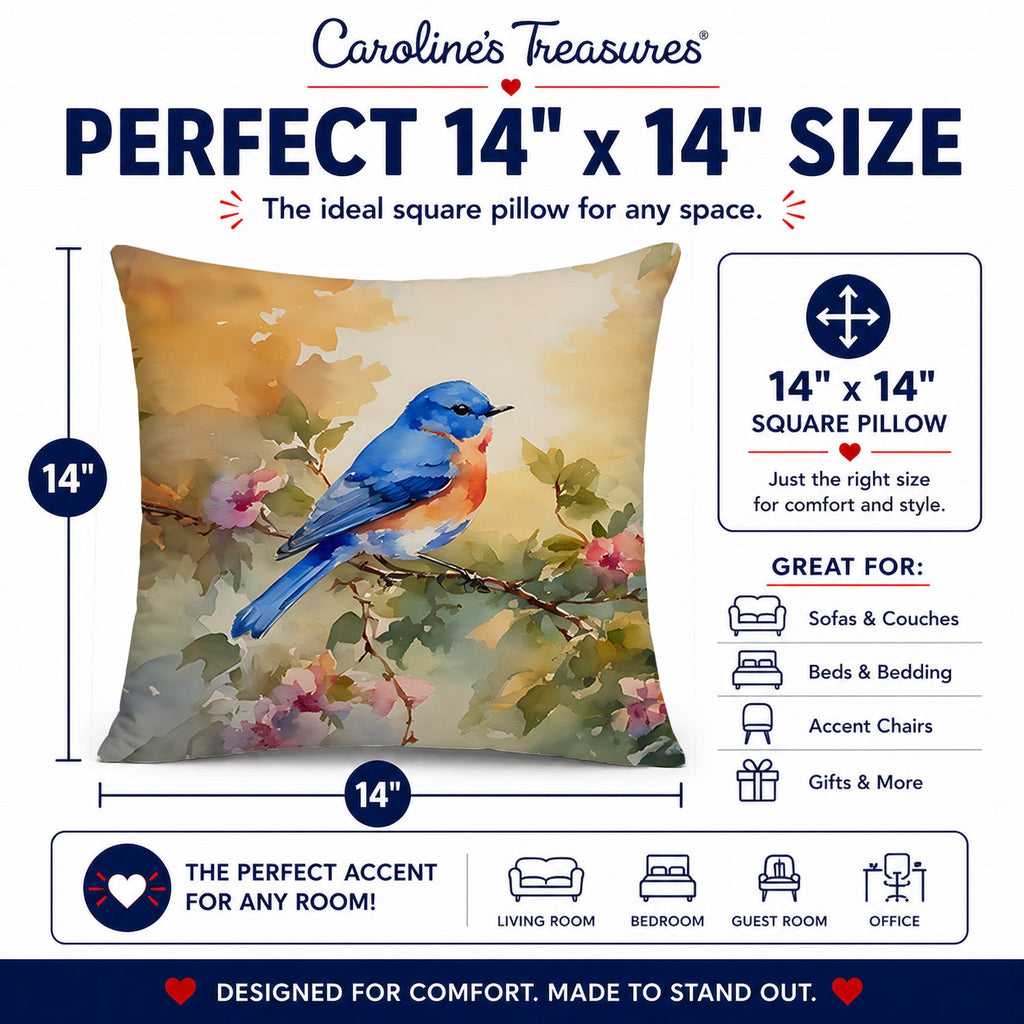 Eastern Bluebird with Blossoms Spring Decorative Throw Pillow 14x14 Indoor Outdoor Accent Cushion, Fabric Cover with Insert for Sofa, Bed, Porch & Living Room