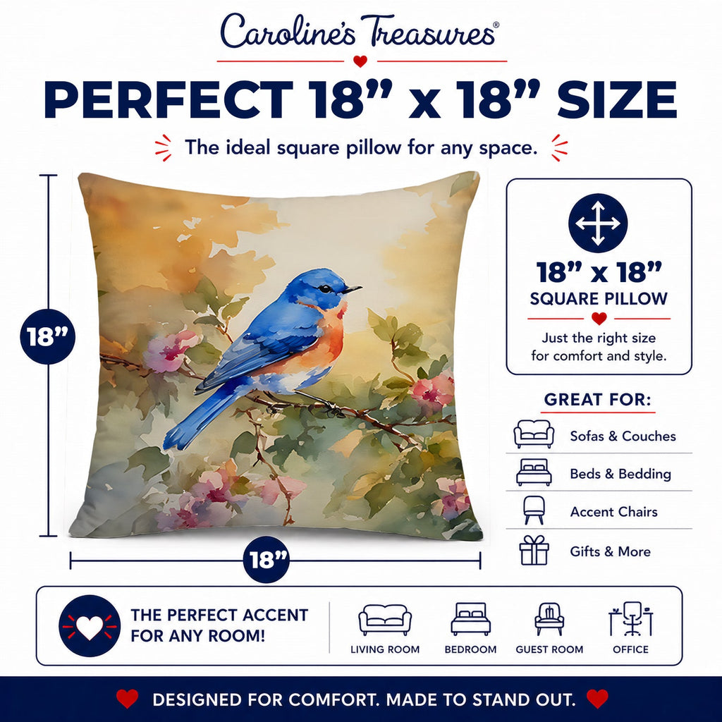 Eastern Bluebird with Blossoms Spring Decorative Throw Pillow 18x18 Indoor Outdoor Accent Cushion, Fabric Cover with Insert for Sofa, Bed, Porch & Living Room