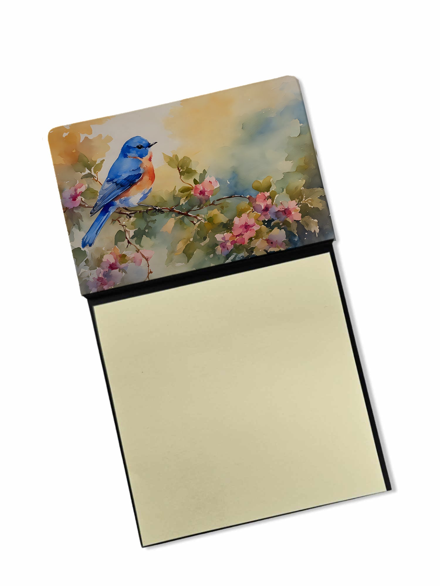 Eastern Bluebird with Blossoms Spring Watercolor Sticky Note Holder Refillable Dispenser Desk Accessory 3x3 Pad Gift
