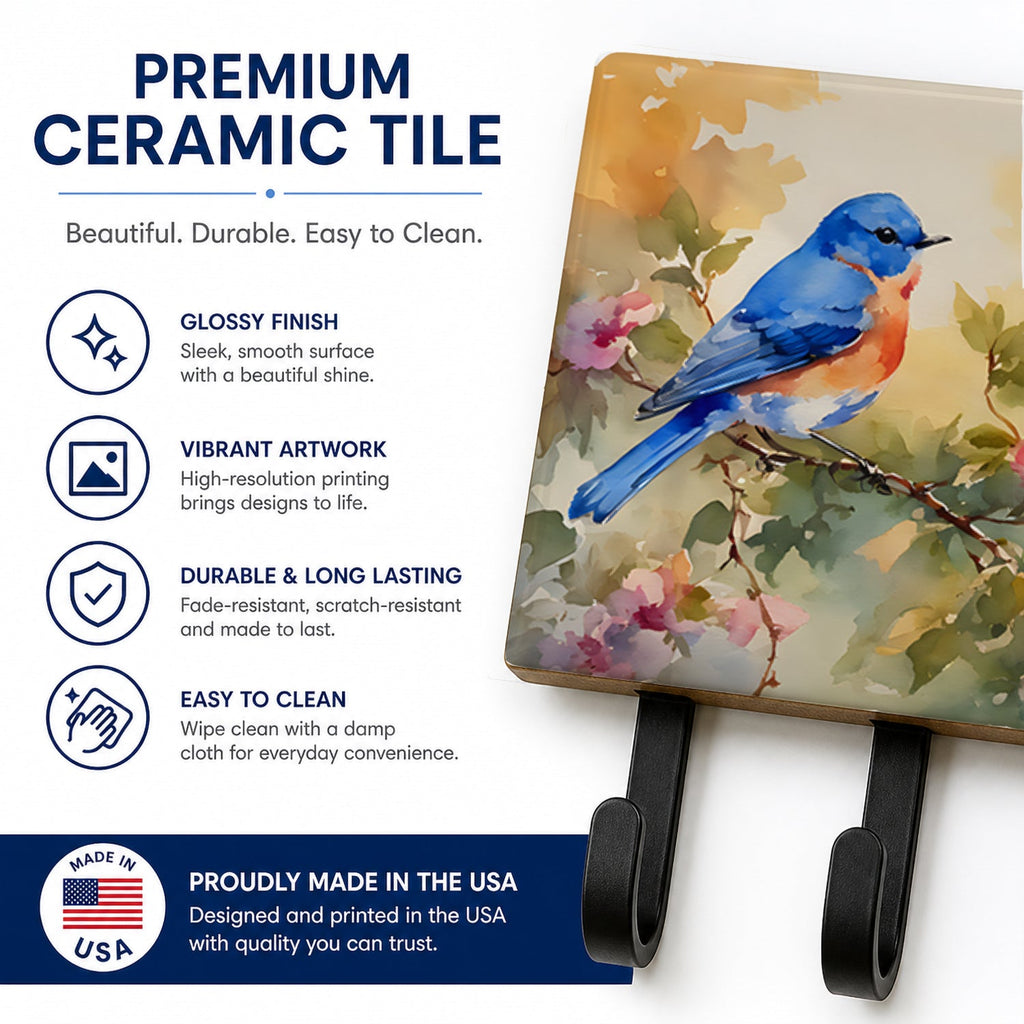 Eastern Bluebird with Blossoms Spring Leash or Key Holder Wall Hooks, Coat Rack Wall Mount, for Hanging Keys, Towels, Aprons, Leashes